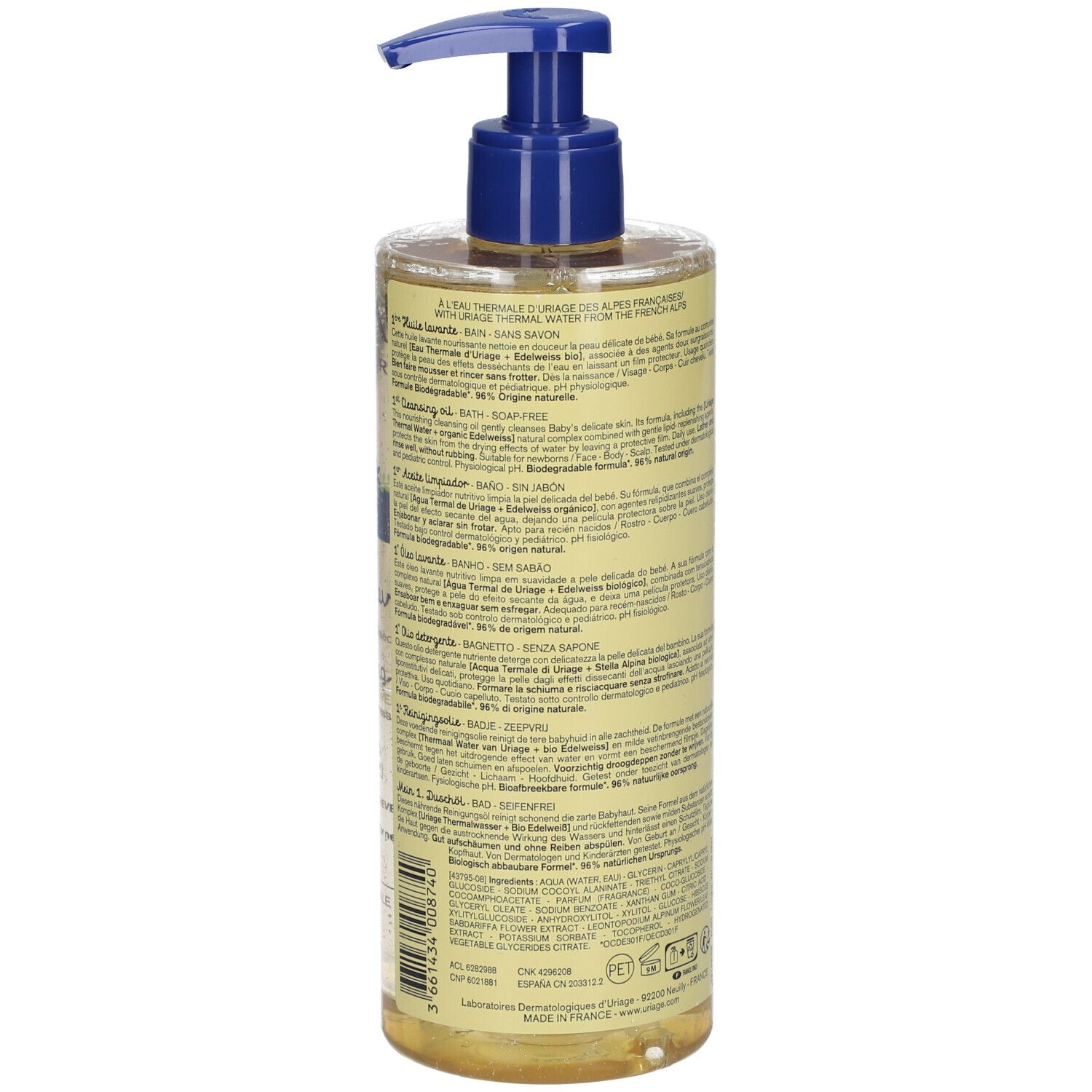 Retro del flacone Uriage Bébé 1° Olio lavante. Testo sull'etichetta. Dosatore blu.