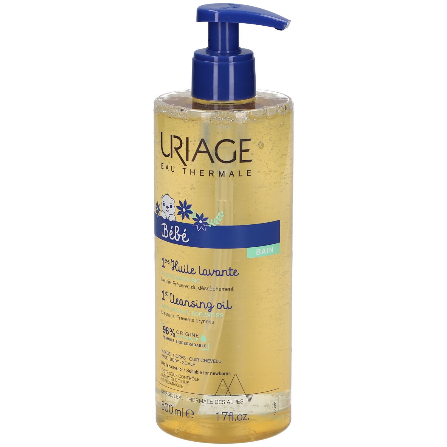 Uriage Bébé 1° Olio lavante. Flacone con dosatore blu. Liquido giallo. Etichetta con testo.