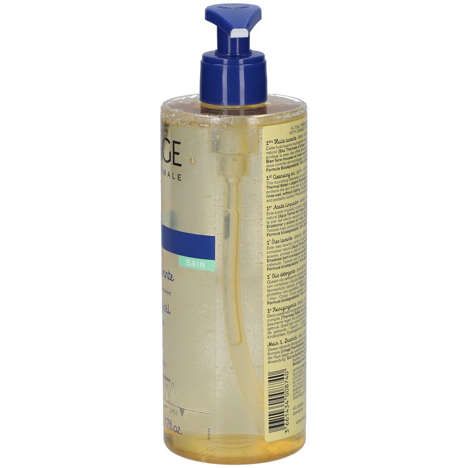 Retro del flacone Uriage Bébé 1° Olio lavante. Testo sull'etichetta. Dosatore blu.