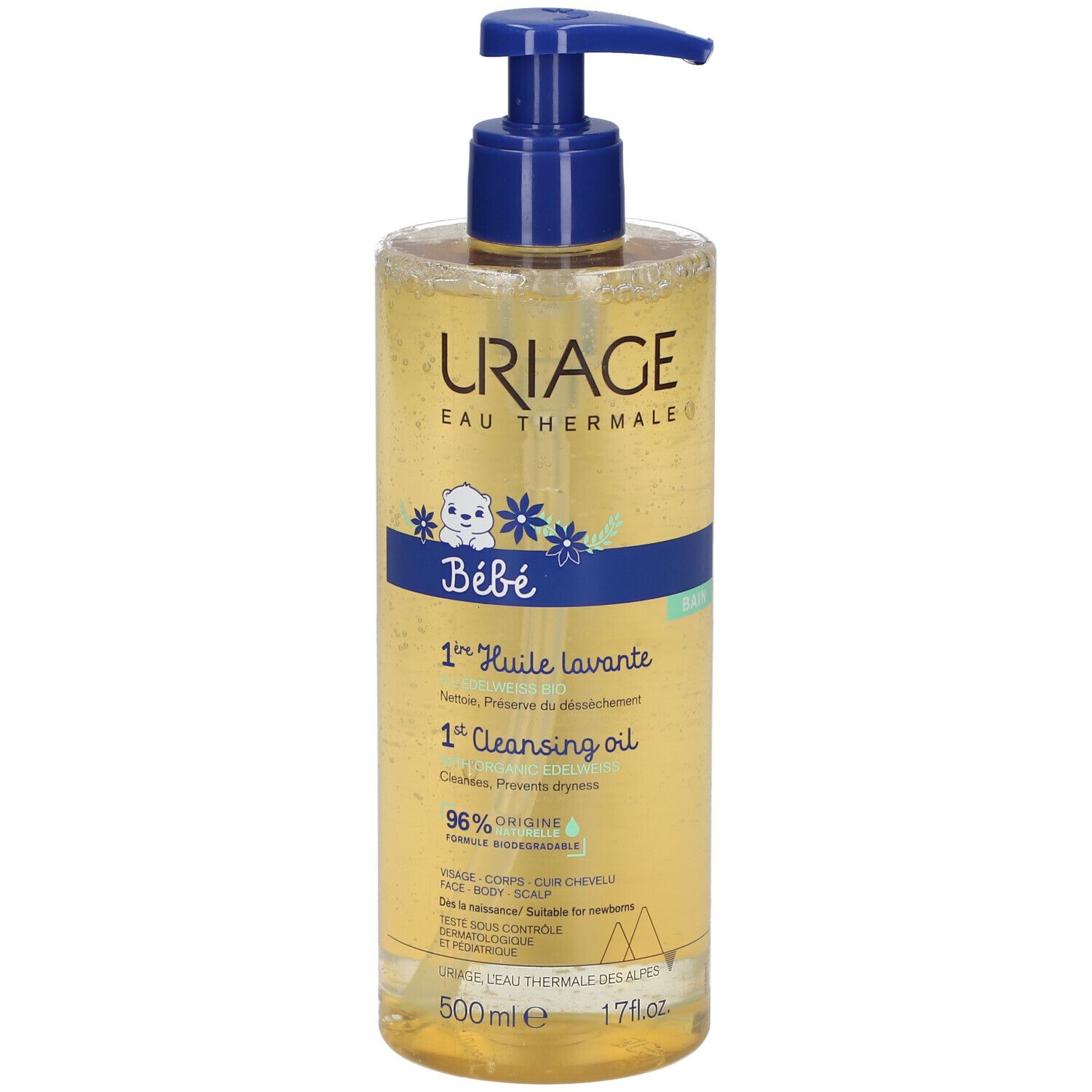 Uriage Bébé 1° Olio lavante. Flacone con dosatore blu. Liquido giallo. Etichetta con testo.