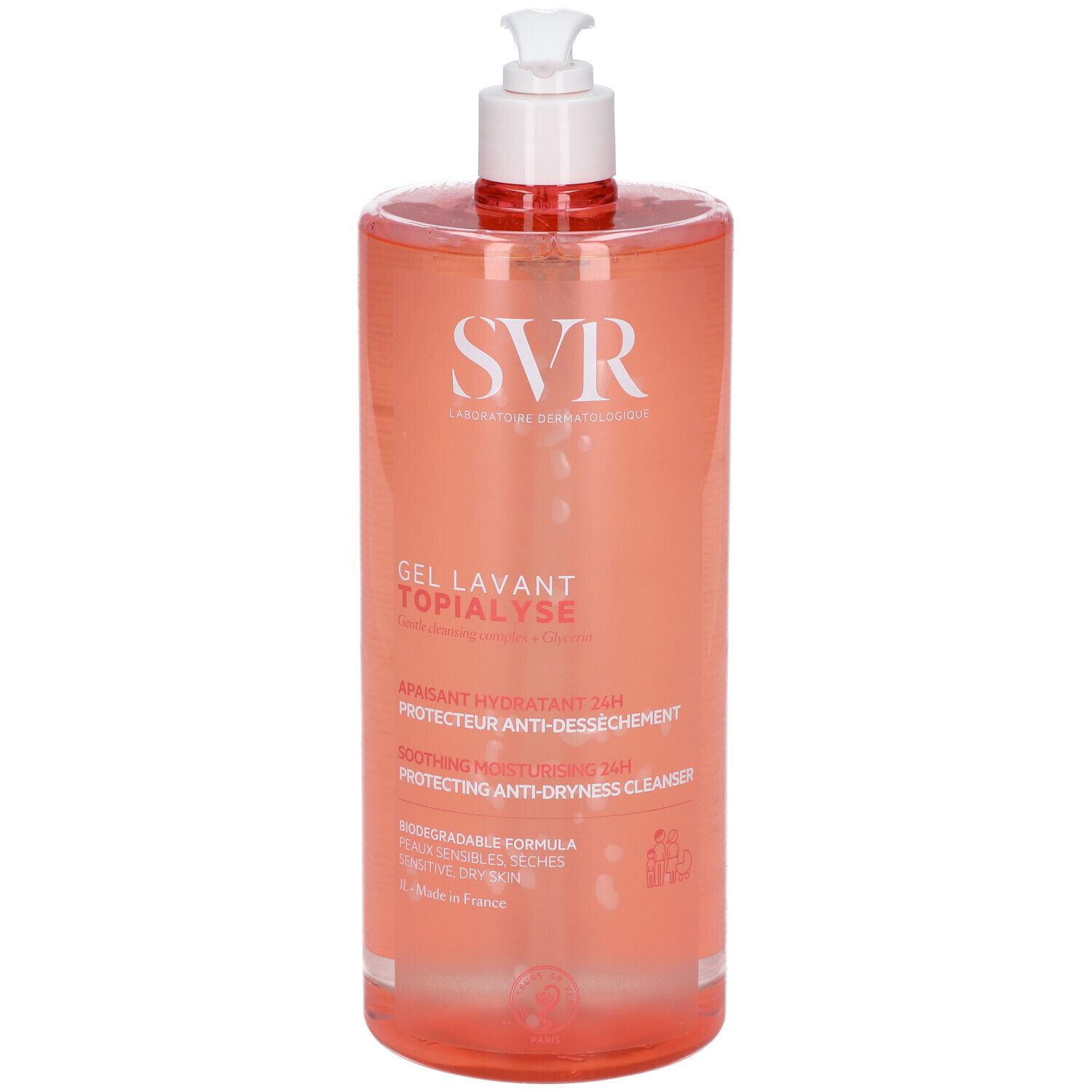 Flacone di Gel Lavante SVR Topialyse con dispenser a pompa, fronte con informazioni sul prodotto.