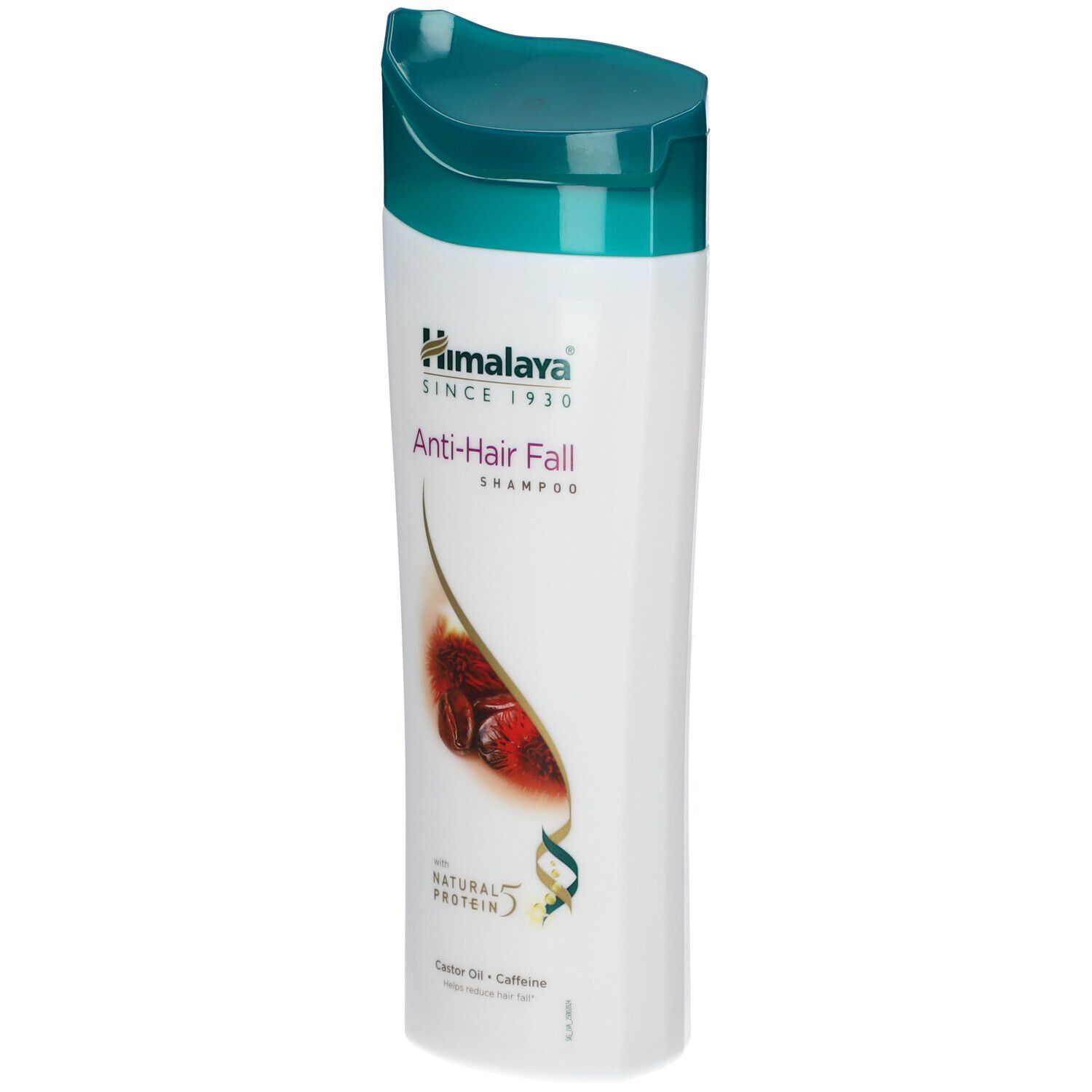 Flacone di shampoo bianco e verde. Scritta: Himalaya Anti-Hair Fall Shampoo. Con proteine naturali.
