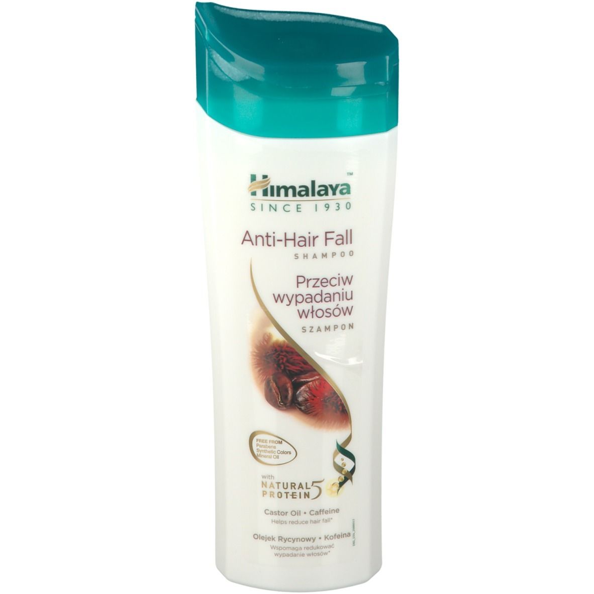 Flacone di shampoo bianco e verde. Scritta: Himalaya Anti-Hair Fall Shampoo. Con proteine naturali.