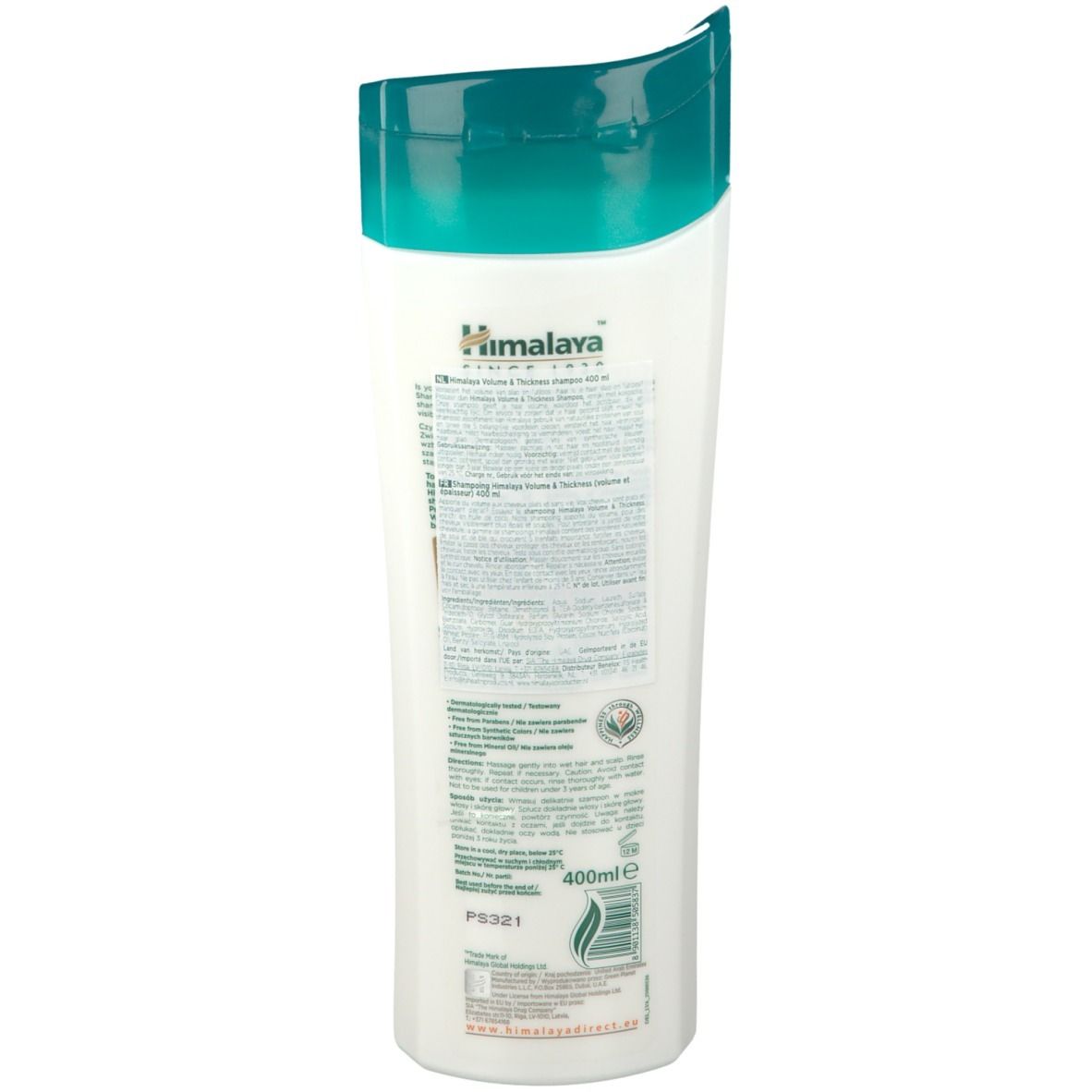 Retro del flacone di shampoo. Informazioni testuali multilingue. Indicazione del volume: 400ml. Tappo verde.