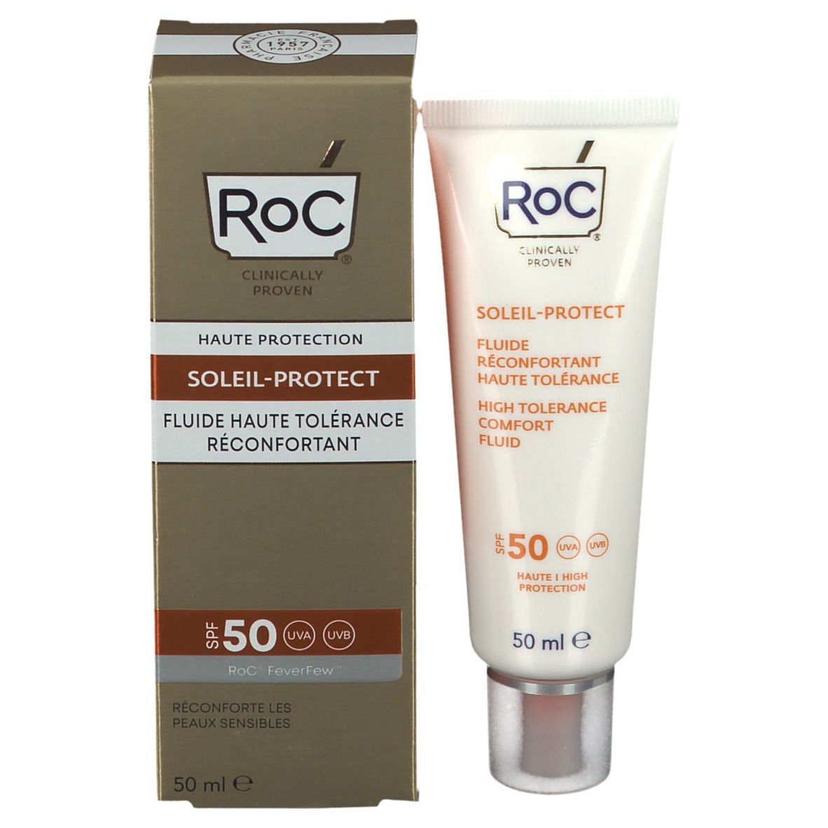 Tubo e scatola RoC® Soleil-Protect Fluido SPF 50. Scritta arancione. 50 ml. Scatola marrone.