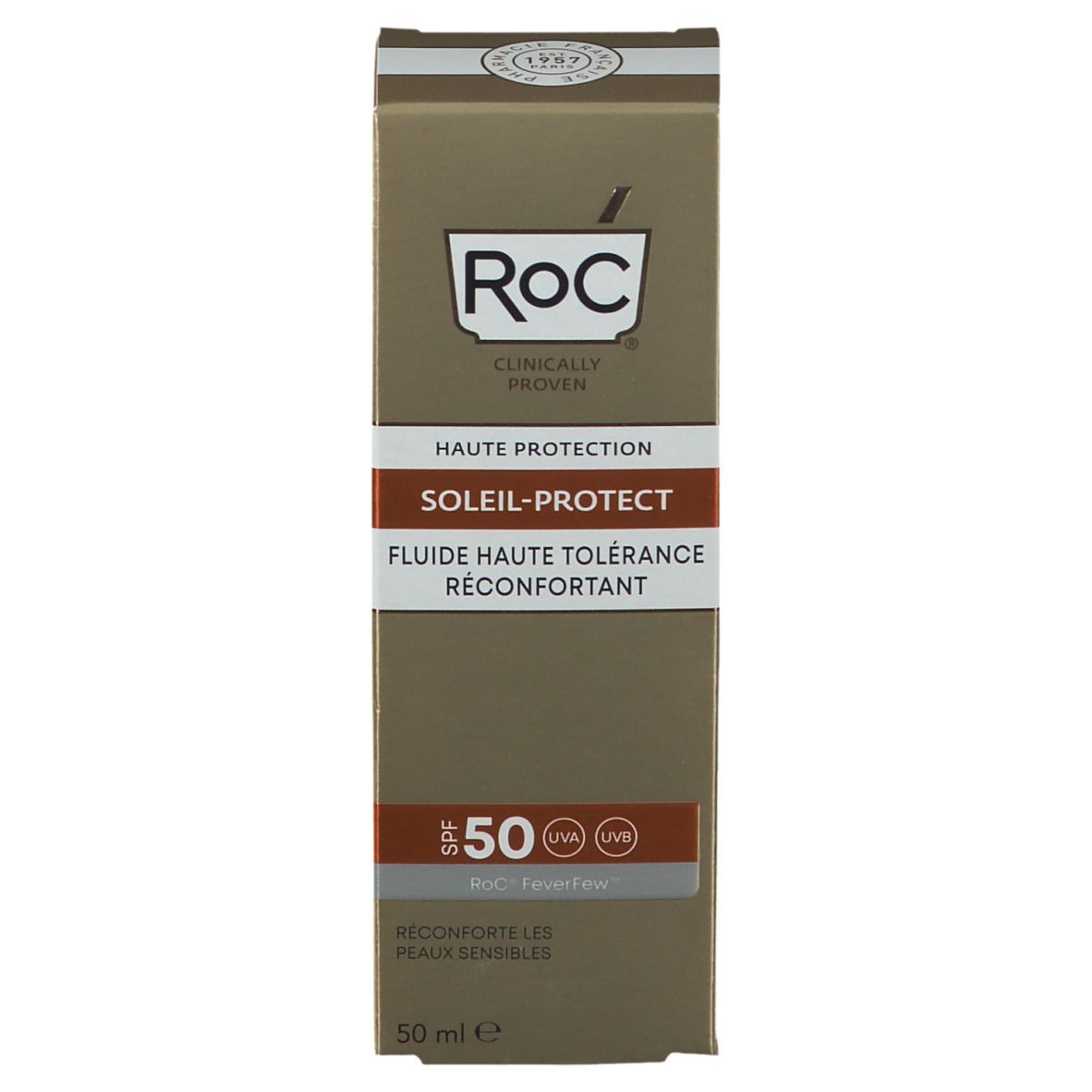 Scatola marrone RoC® Soleil-Protect Fluido SPF 50. Scritta arancione. 50 ml. Testo multilingue.