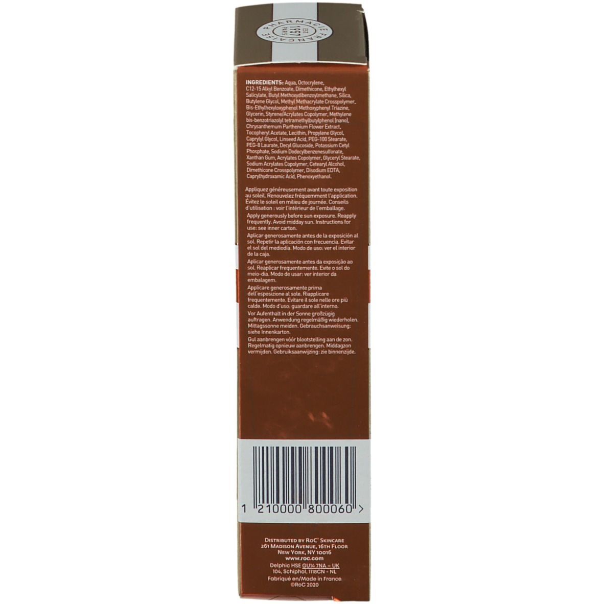 Scatola marrone RoC® Soleil-Protect Fluido SPF 50. Testo multilingue. Elenco ingredienti. Codice a barre.
