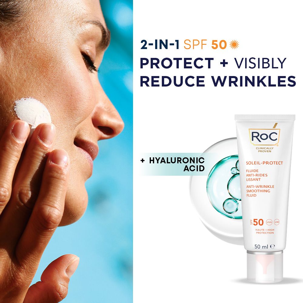 Persona applica crema. RoC Soleil-Protect Fluid, testo, SPF 50.