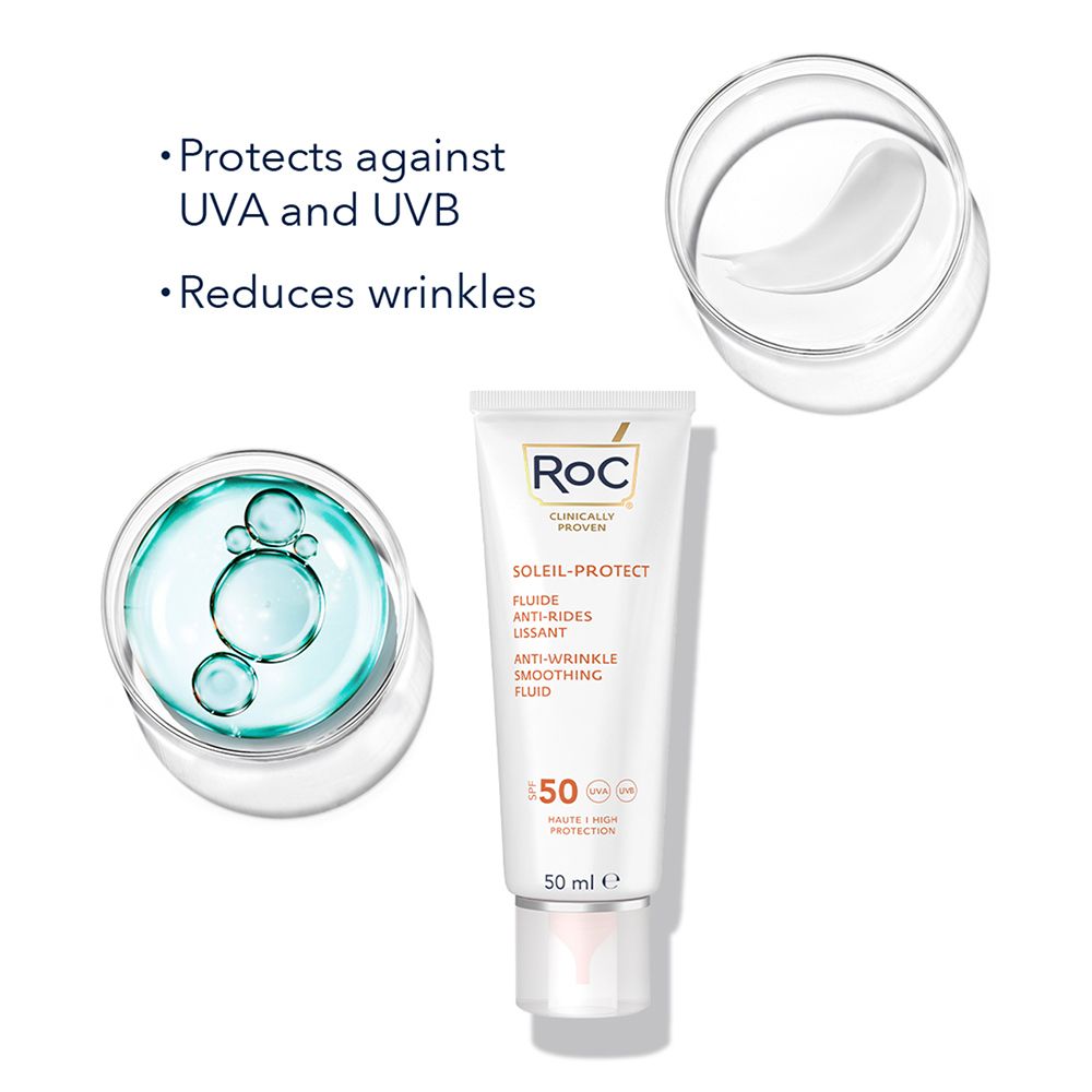 RoC Soleil-Protect Fluid e contenitori. Testo, SPF 50. UVA/UVB.