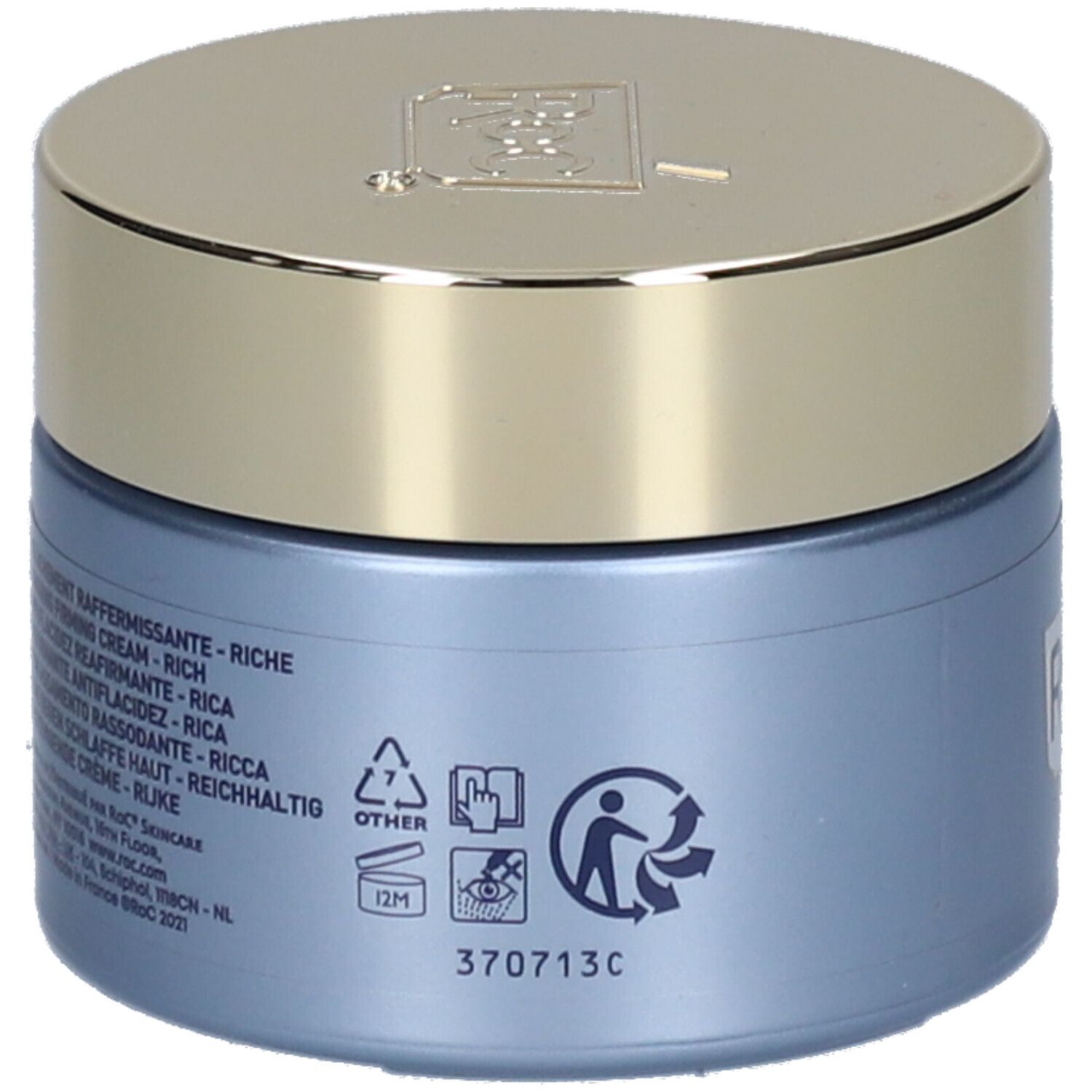 Retro del vasetto di crema blu RoC® MULTI CORREXION®. Informazioni e simboli, tra cui riciclo e durata.