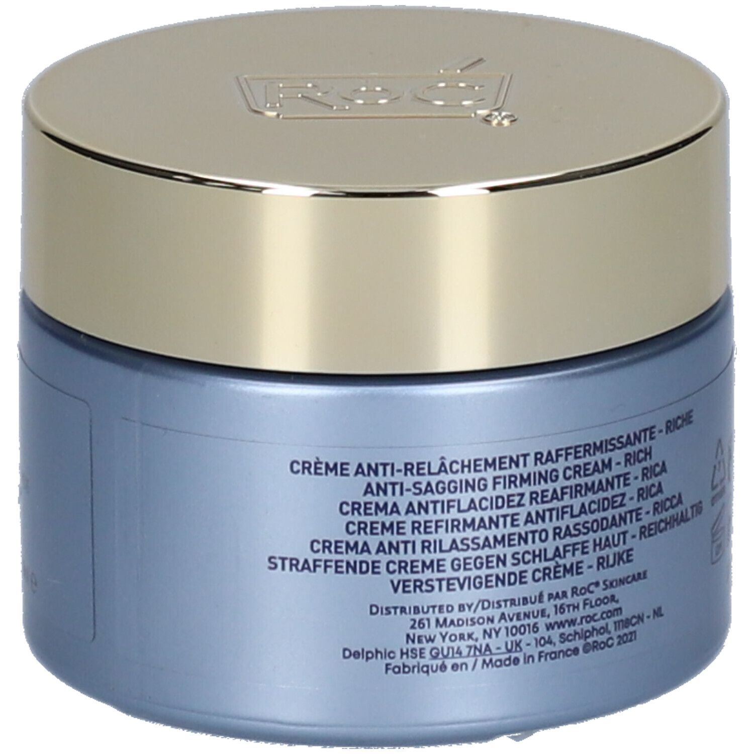 Vista posteriore del vasetto di crema blu RoC® MULTI CORREXION®. Nomi dei prodotti in diverse lingue.