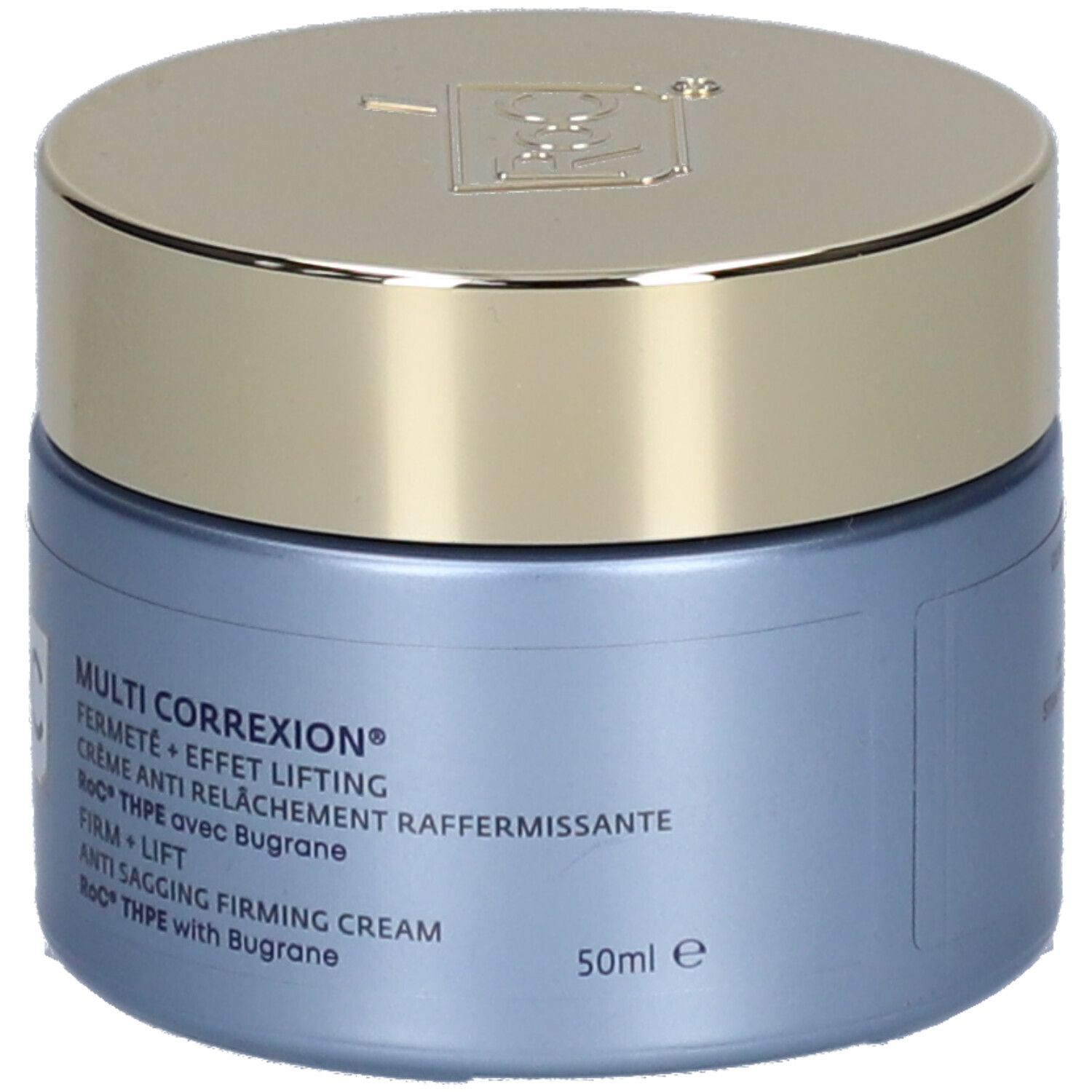 Vasetto di crema blu RoC® MULTI CORREXION® con coperchio dorato. Nomi dei prodotti e indicazione del volume 50ml.