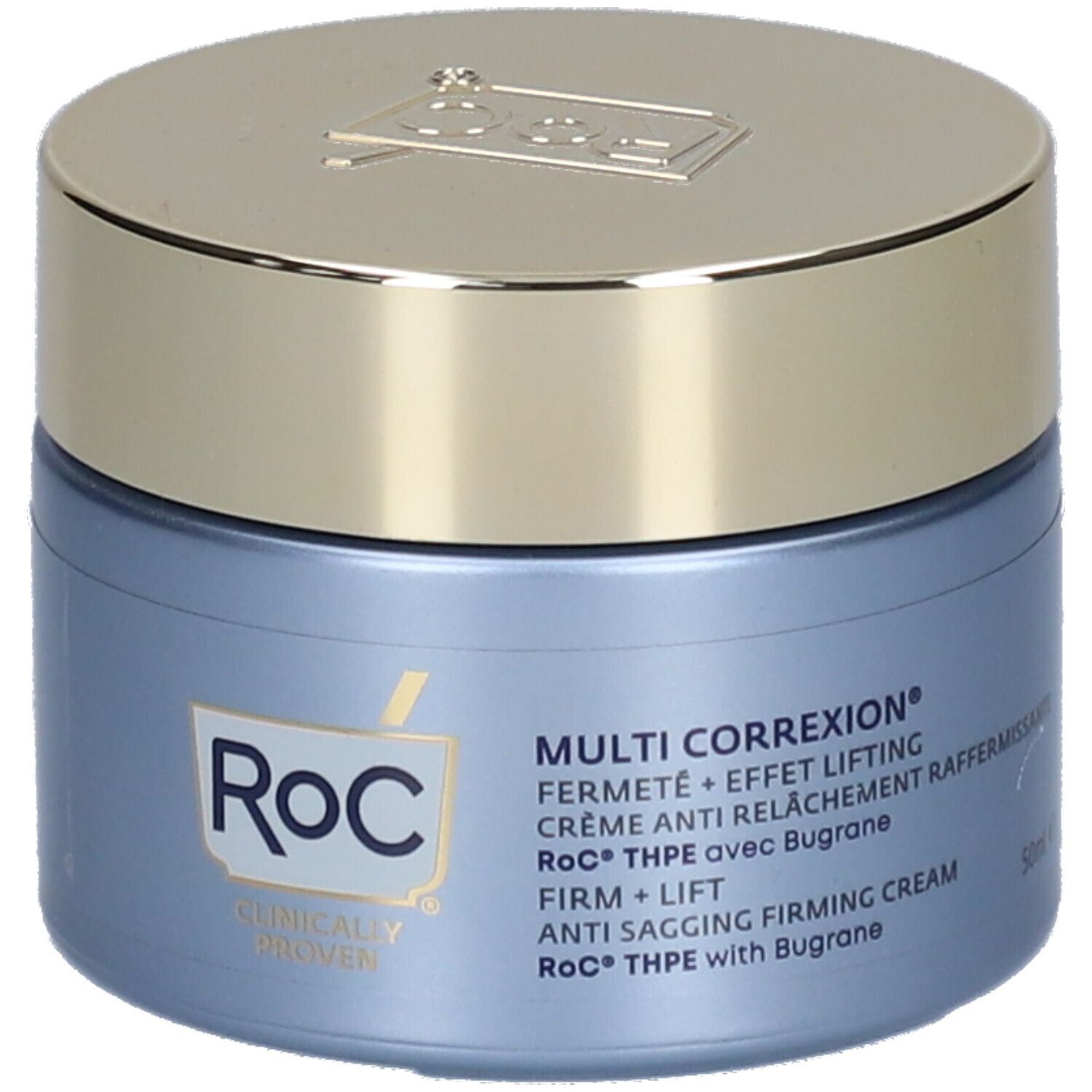 Vasetto di crema blu RoC® MULTI CORREXION® con coperchio dorato. Logo e nomi dei prodotti.
