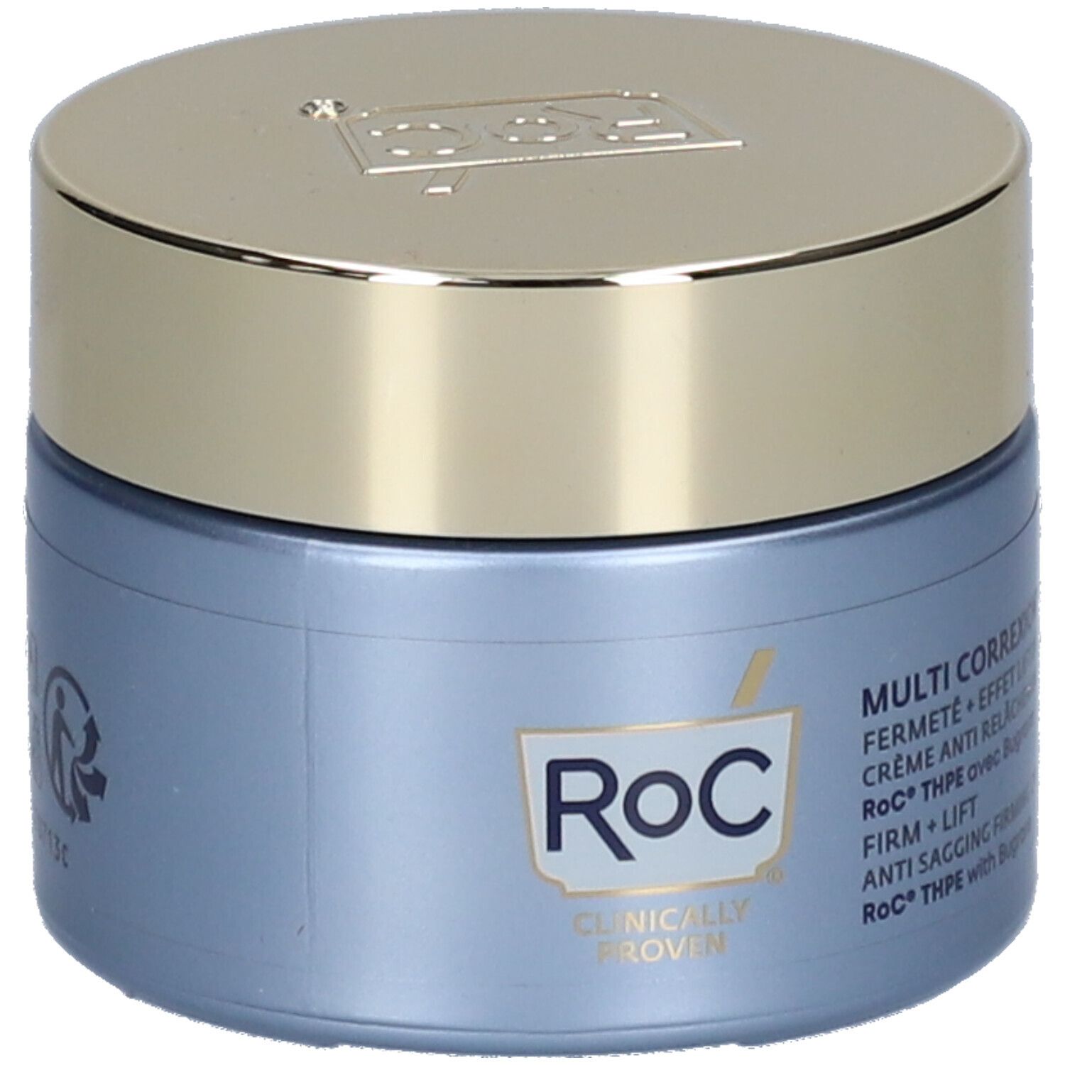 Vasetto di crema blu RoC® MULTI CORREXION® con coperchio dorato. Logo e nomi dei prodotti.