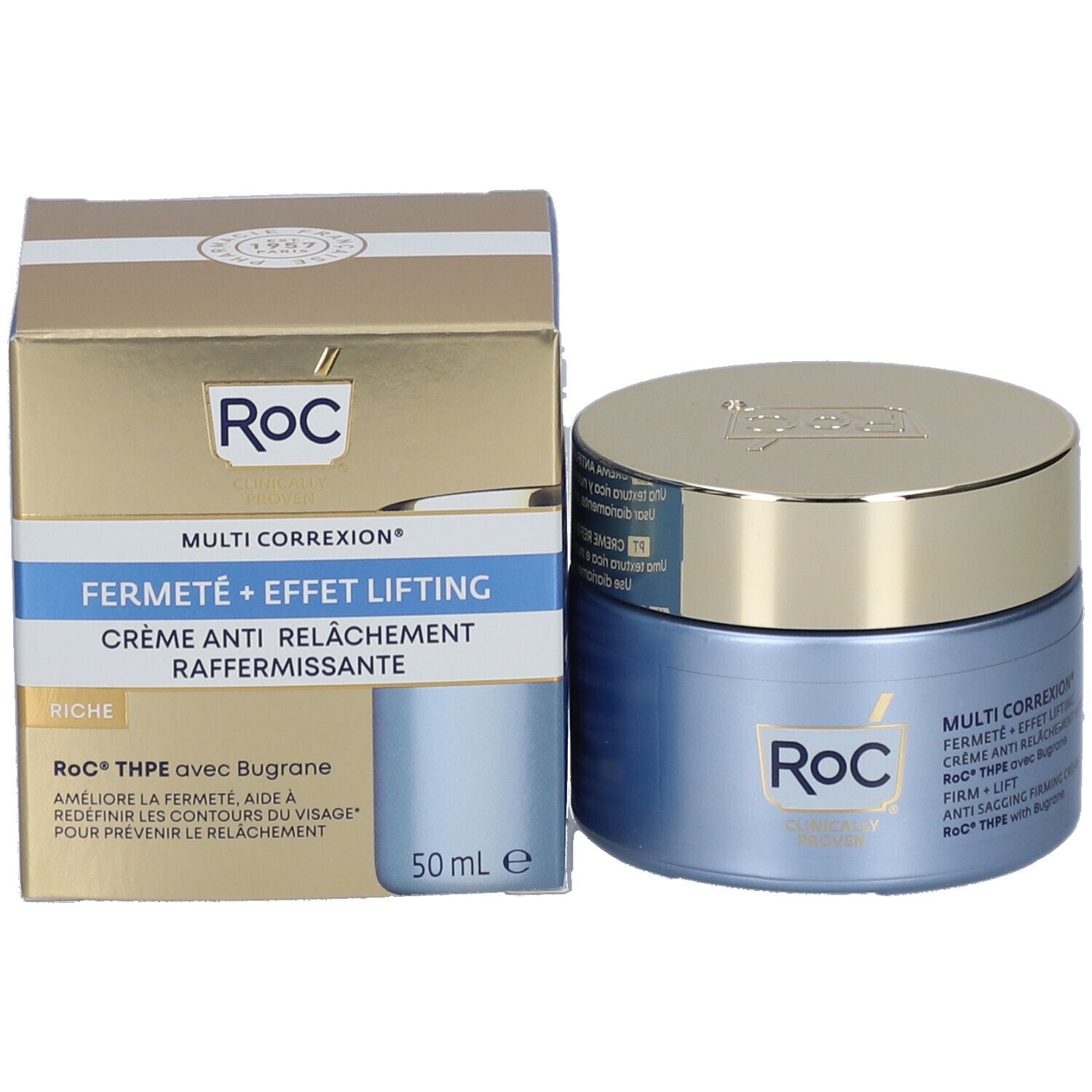 Crema RoC® MULTI CORREXION® e confezione. Confezione dorata con logo e nomi dei prodotti.