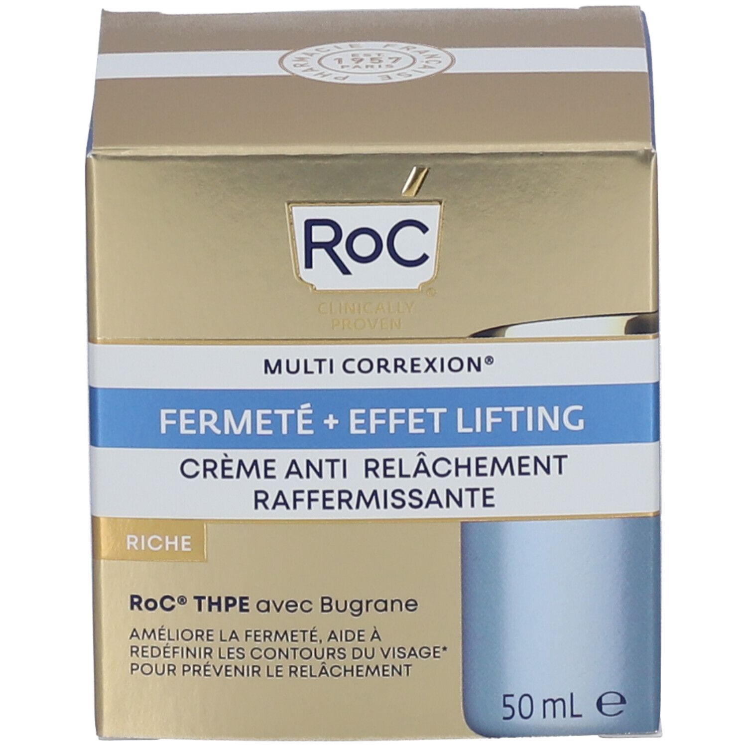 Confezione dorata della crema RoC® MULTI CORREXION®. Logo, nomi dei prodotti e indicazione del volume 50ml.