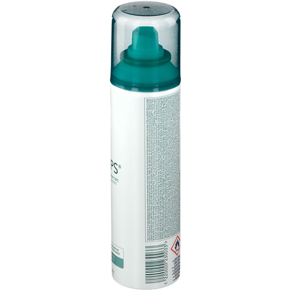 Retro di uno spray deodorante. Bianco, con erogatore verde. Testo e codice a barre. Avvertenza: facilmente infiammabile.