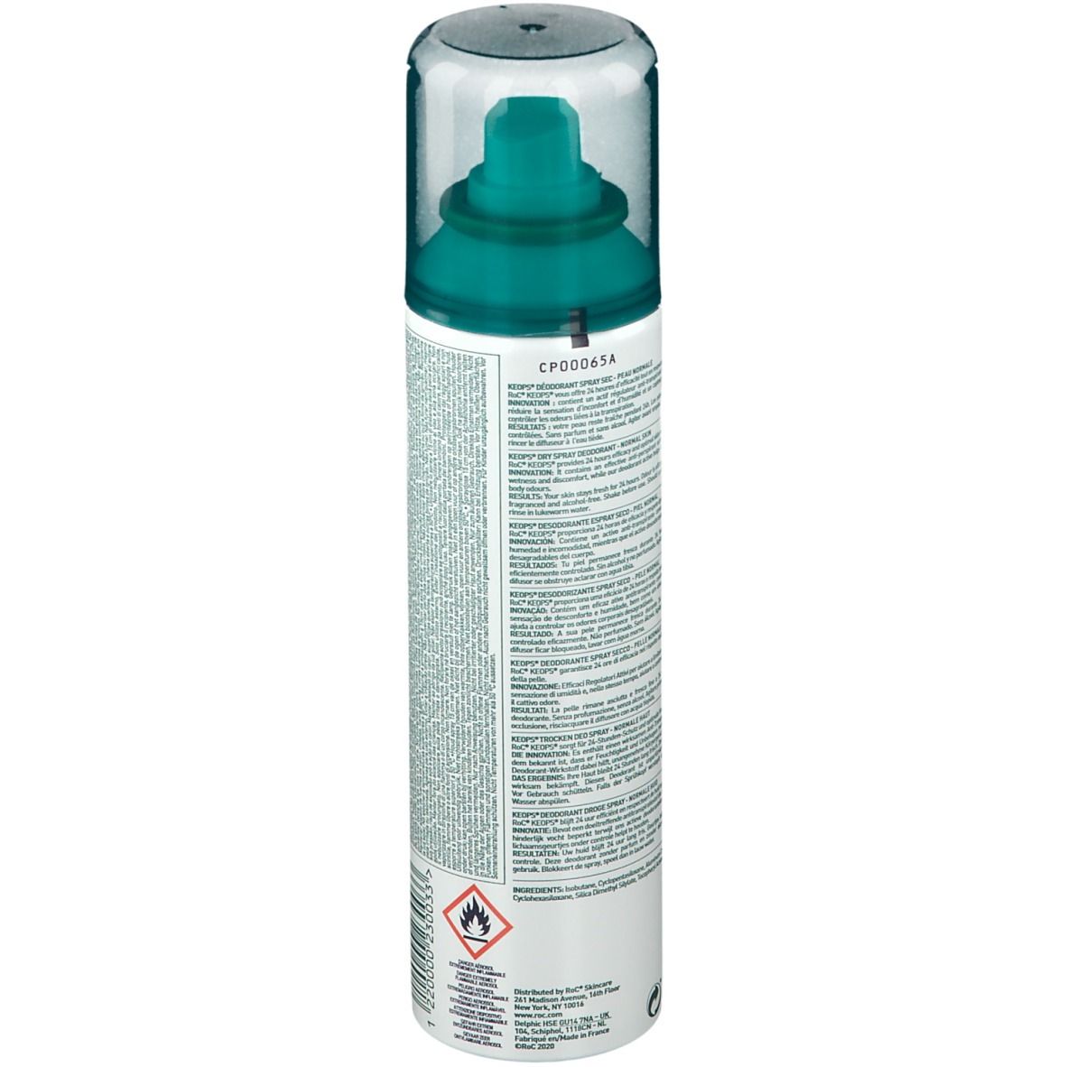Retro di uno spray deodorante. Bianco, con erogatore verde. Testo e codice a barre. Avvertenza: facilmente infiammabile.