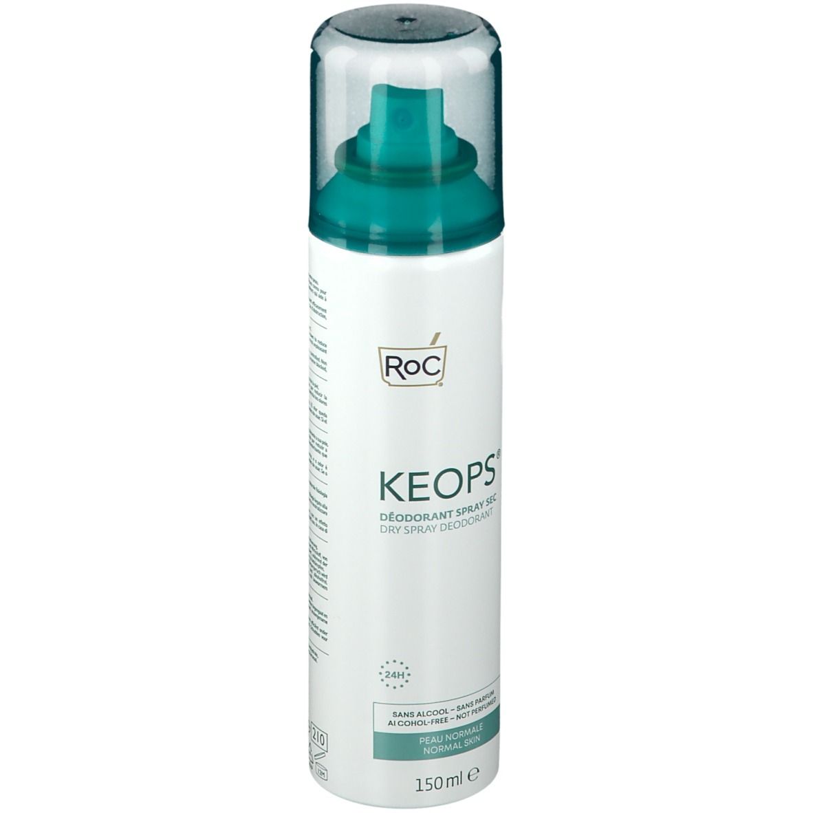 Spray deodorante bianco con erogatore e cappuccio verdi. Marchio RoC, nome Keops. Testo: Spray secco, 24h. Per pelli normali.