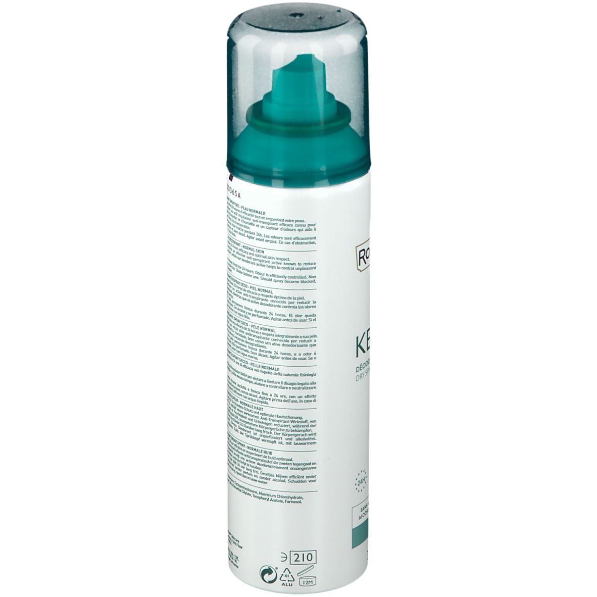 Retro di uno spray deodorante. Bianco, con erogatore verde. Testo e codice a barre. Avvertenza: facilmente infiammabile.