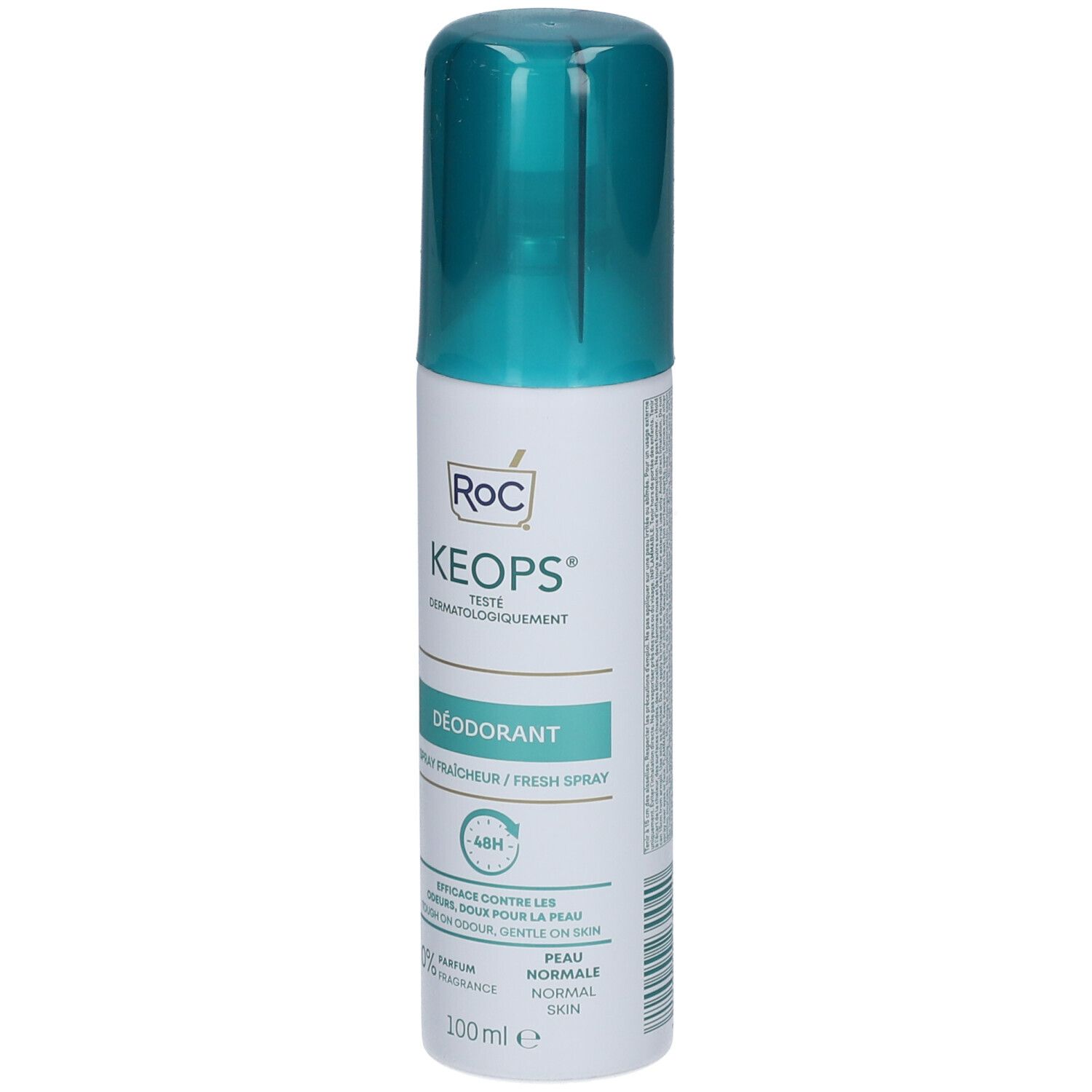 Spray deodorante RoC Keops. Flacone bianco con tappo turchese. Scritte: Keops, Déodorant, 48H.