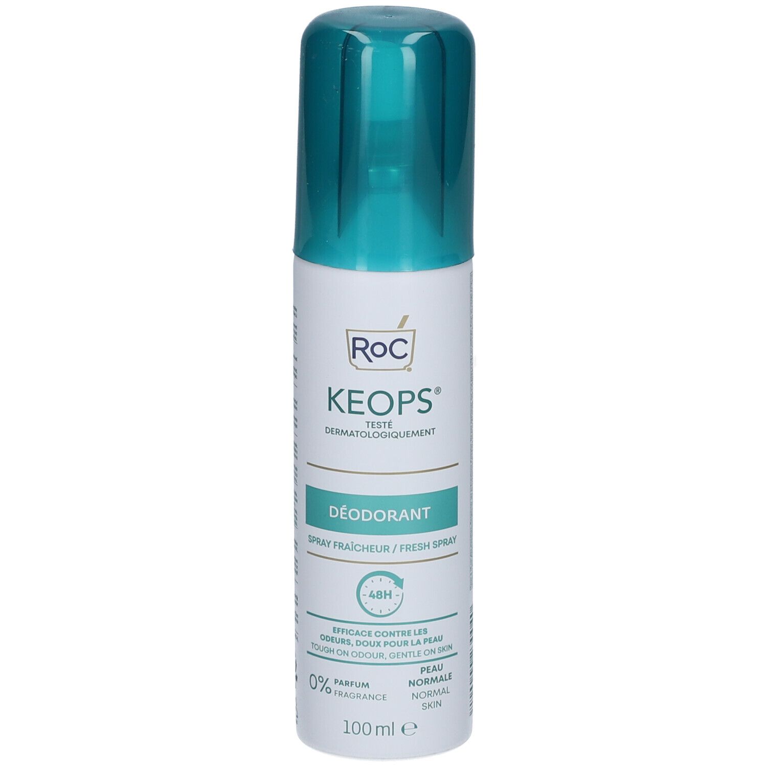 Spray deodorante RoC Keops. Flacone bianco con tappo turchese. Scritte: Keops, Déodorant, 48H.