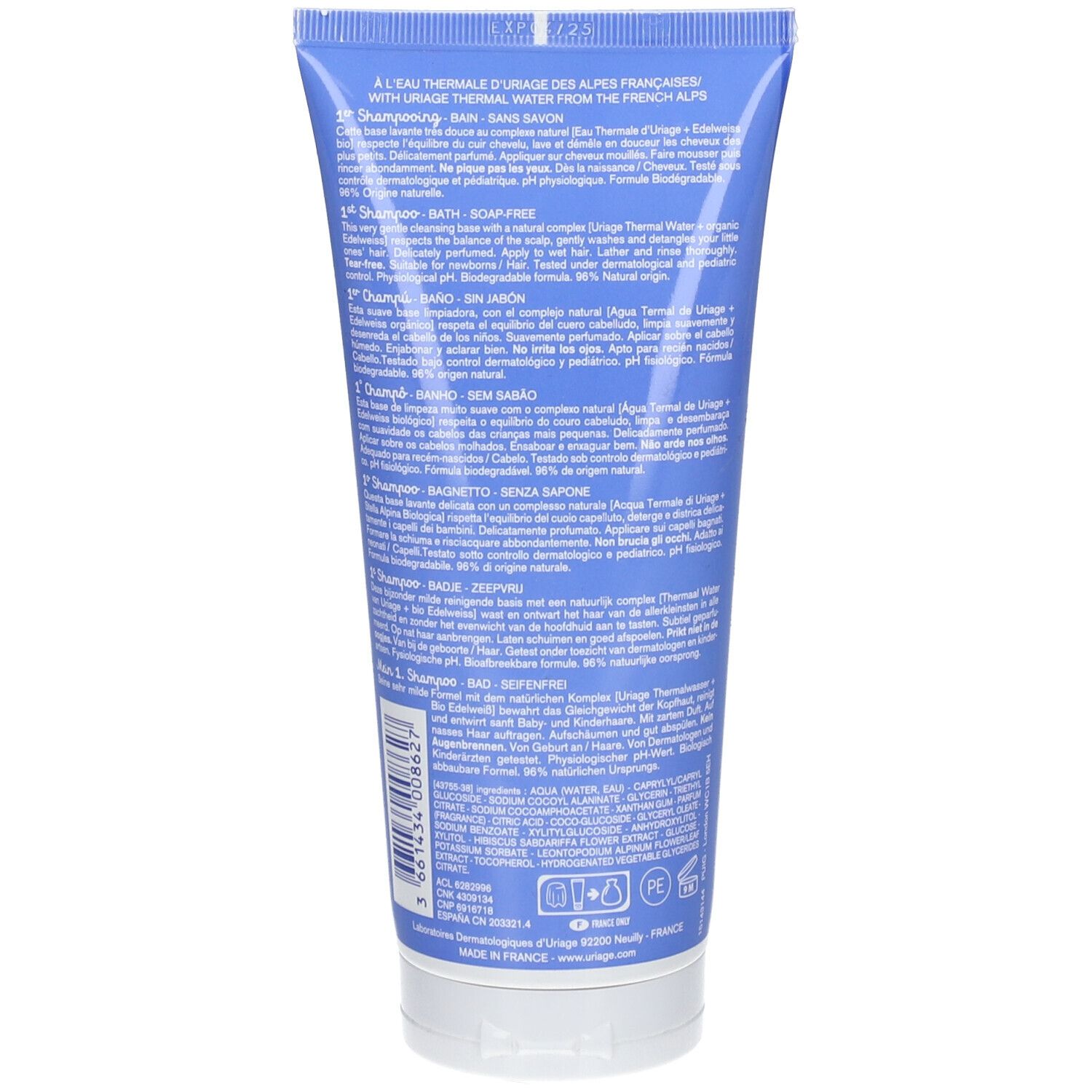 Retro del tubo blu. Testo multilingue, tra cui "1er Shampooing" e informazioni su ingredienti e certificazioni.