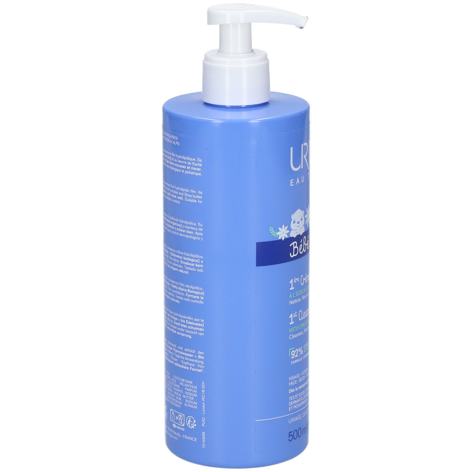 Retro del flacone blu con testo. URIAGE, Bébé, 1ère Crème lavante, 1st Cleansing cream. Testo multilingue.