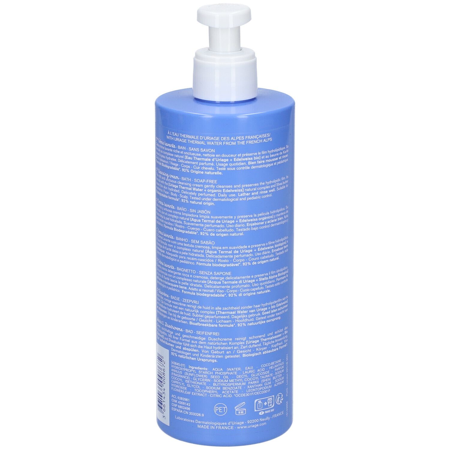 Retro del flacone blu con testo. URIAGE, Bébé, 1ère Crème lavante, 1st Cleansing cream. Testo multilingue.