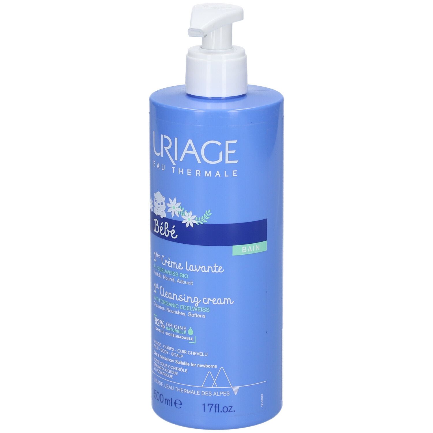 Flacone blu con dosatore. URIAGE, Bébé, 1ère Crème lavante, 1st Cleansing cream. Testo in francese e inglese.