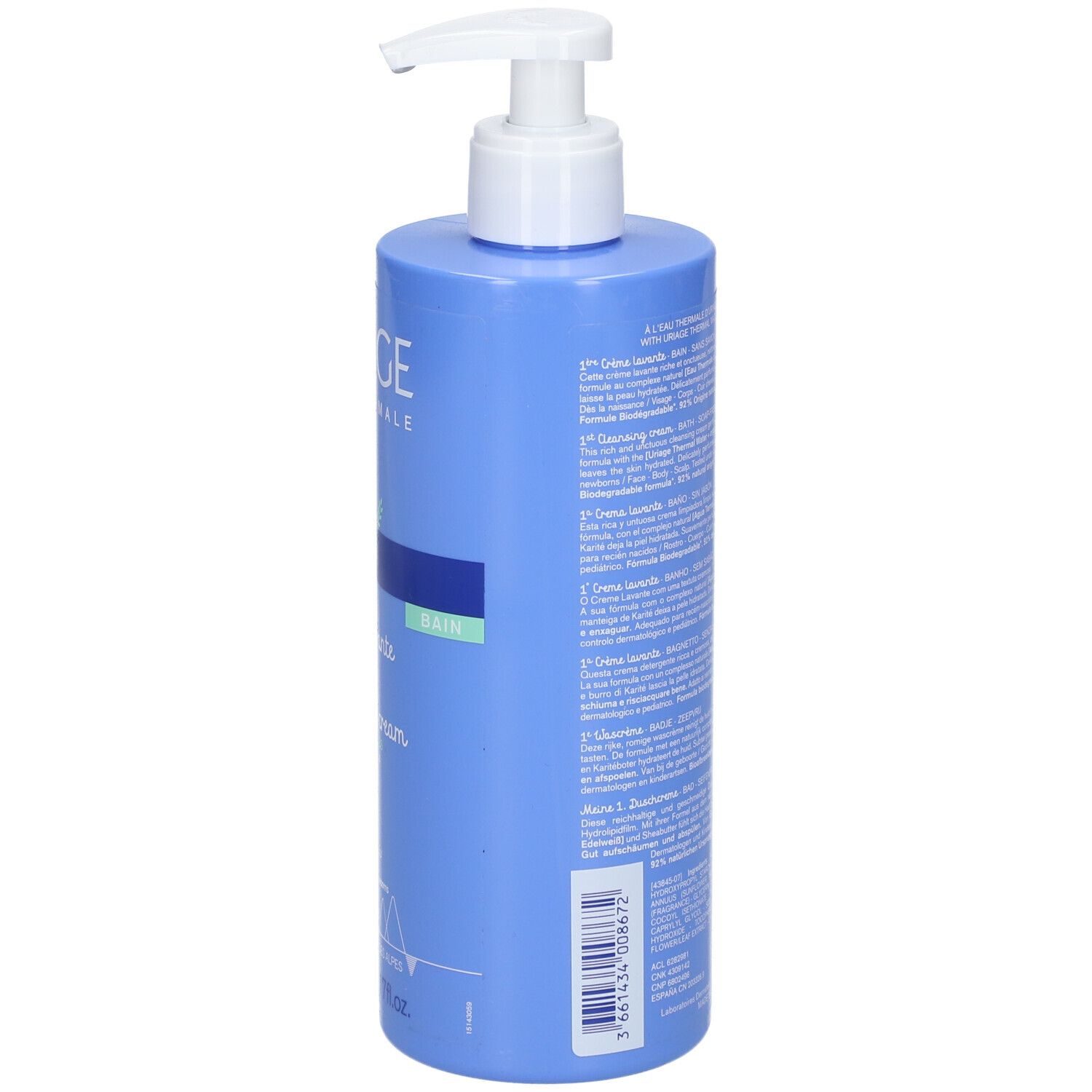 Retro del flacone blu con testo. URIAGE, Bébé, 1ère Crème lavante, 1st Cleansing cream. Testo multilingue.