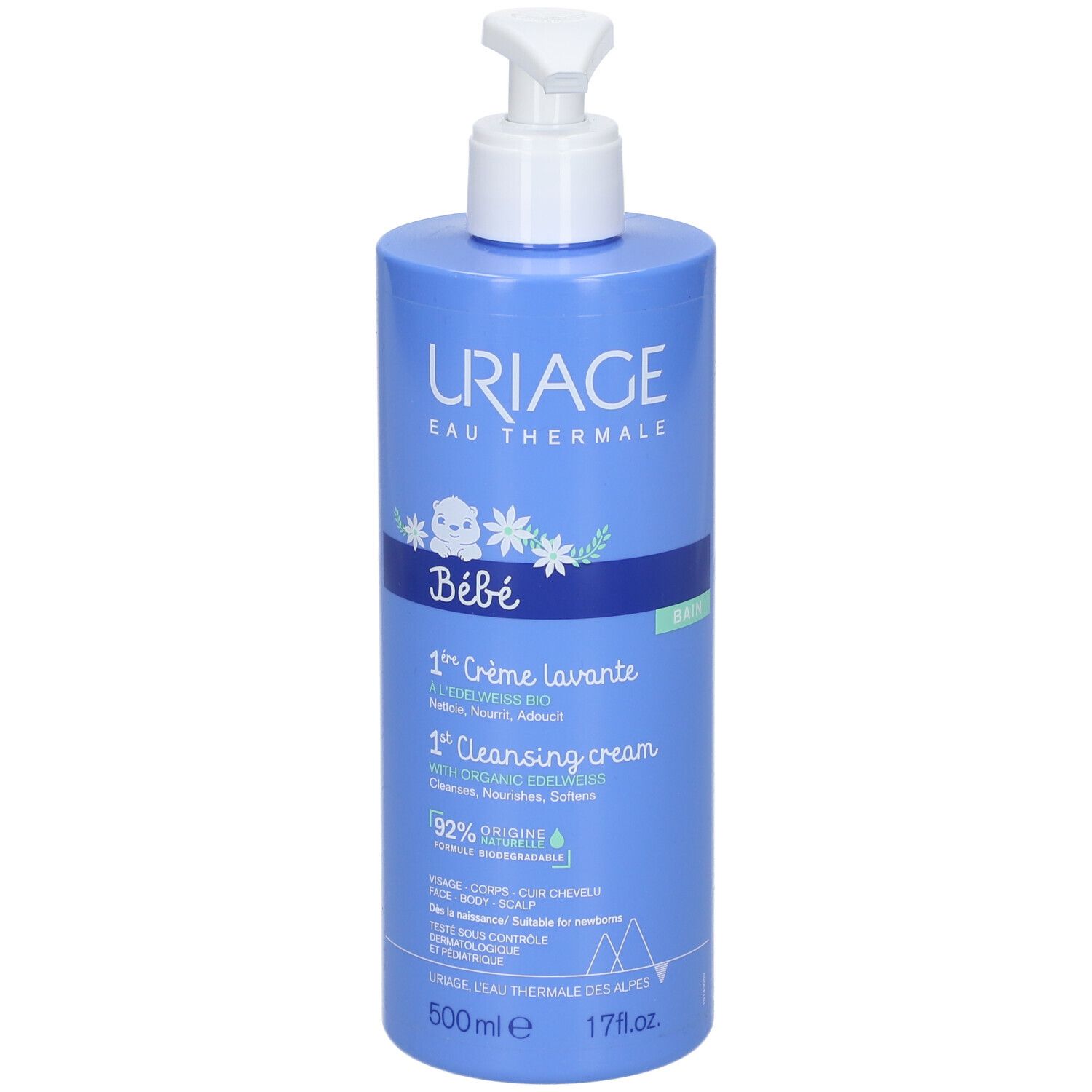 Flacone blu con dosatore. URIAGE, Bébé, 1ère Crème lavante, 1st Cleansing cream. Testo in francese e inglese.