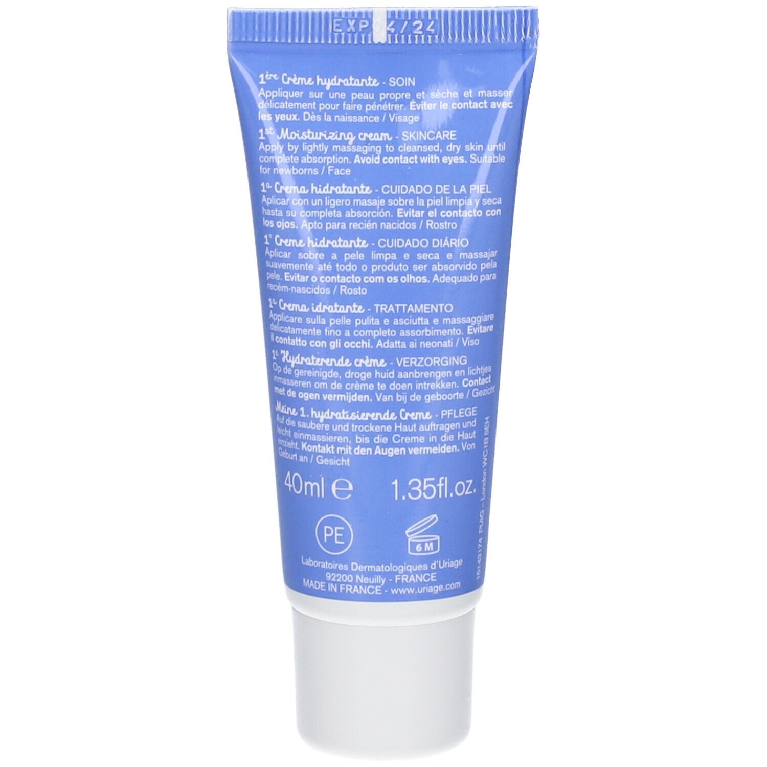 Retro del tubo blu. Testo multilingue. Volume: 40ml. Con tappo bianco.