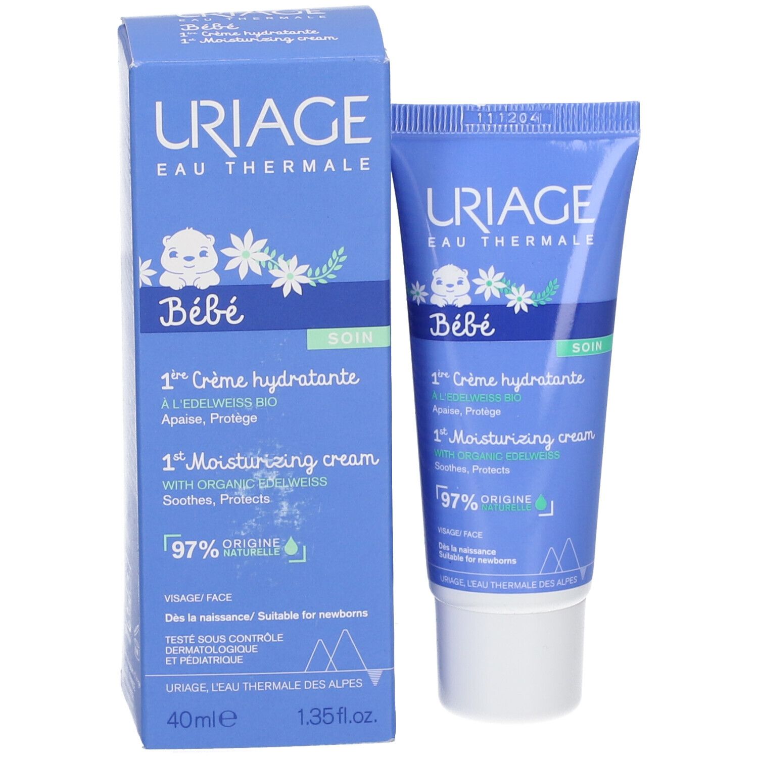 Scatola e tubo blu. Scritta: URIAGE Bébé, 1re Crème hydratante, 97% origine naturelle. 40ml.