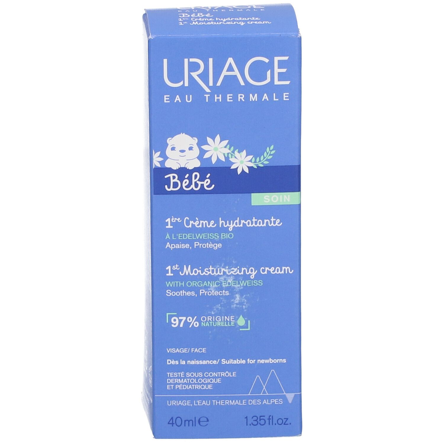 Scatola blu. Scritta: URIAGE Bébé, 1re Crème hydratante, 97% origine naturelle. 40ml.