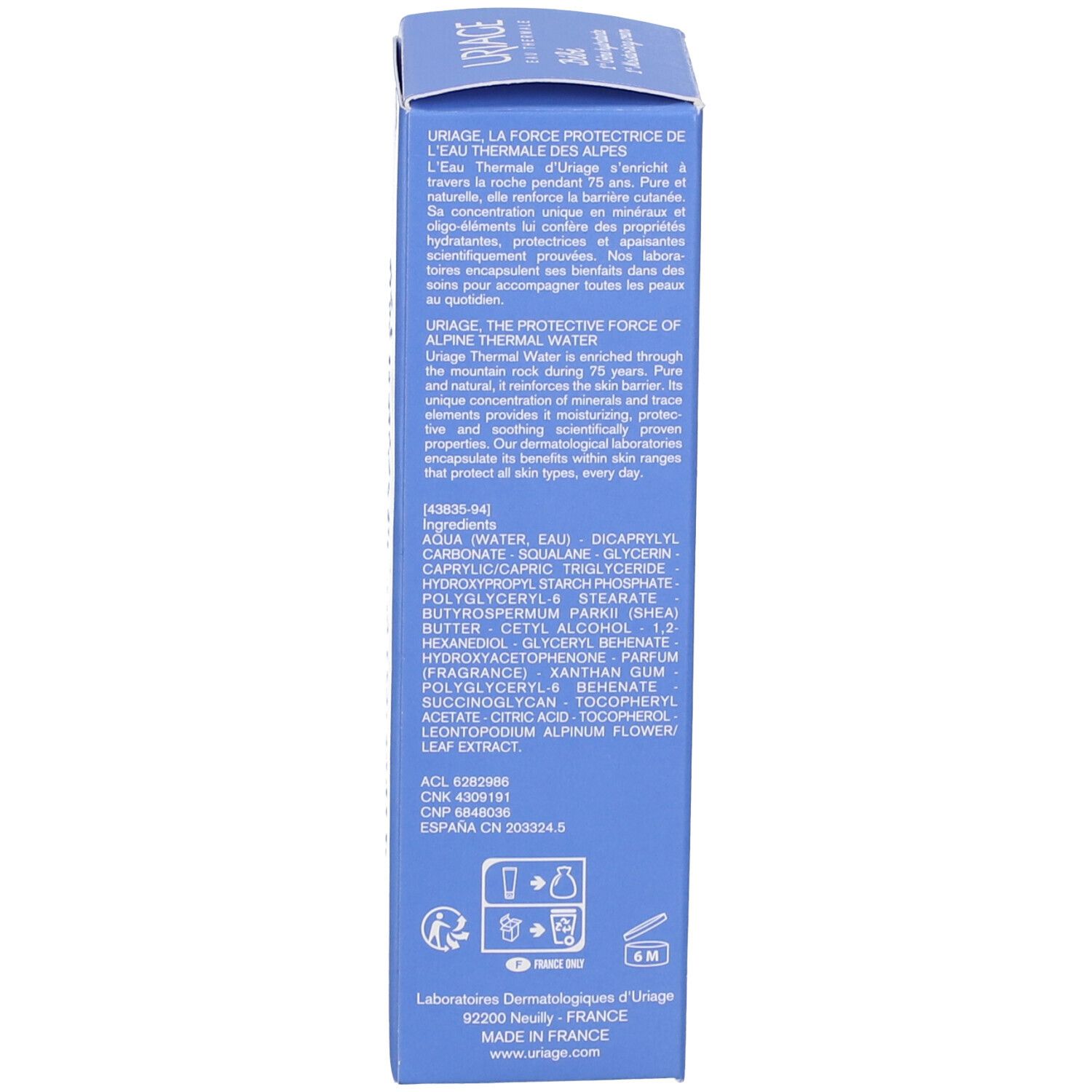 Scatola blu. Testo sugli ingredienti e il marchio URIAGE.