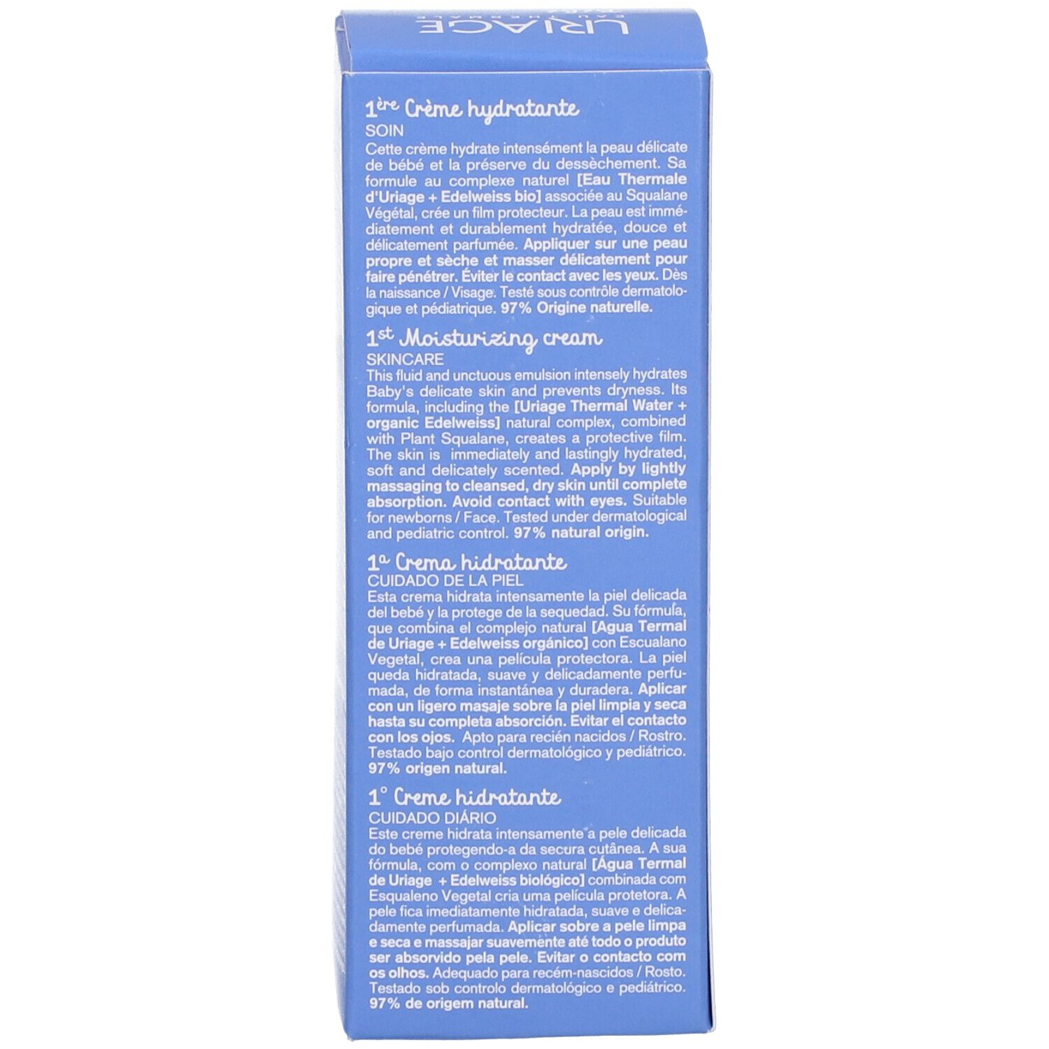 Scatola blu. Testo multilingue sulla crema.