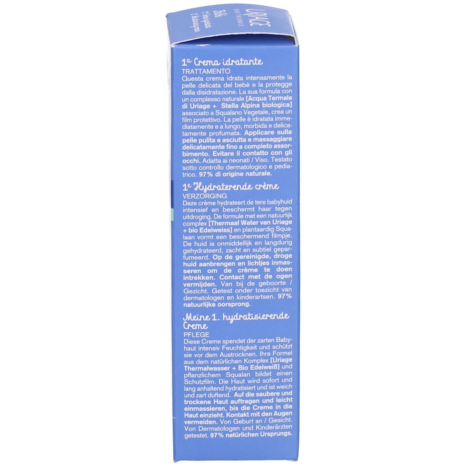 Scatola blu. Testo multilingue sulla crema.