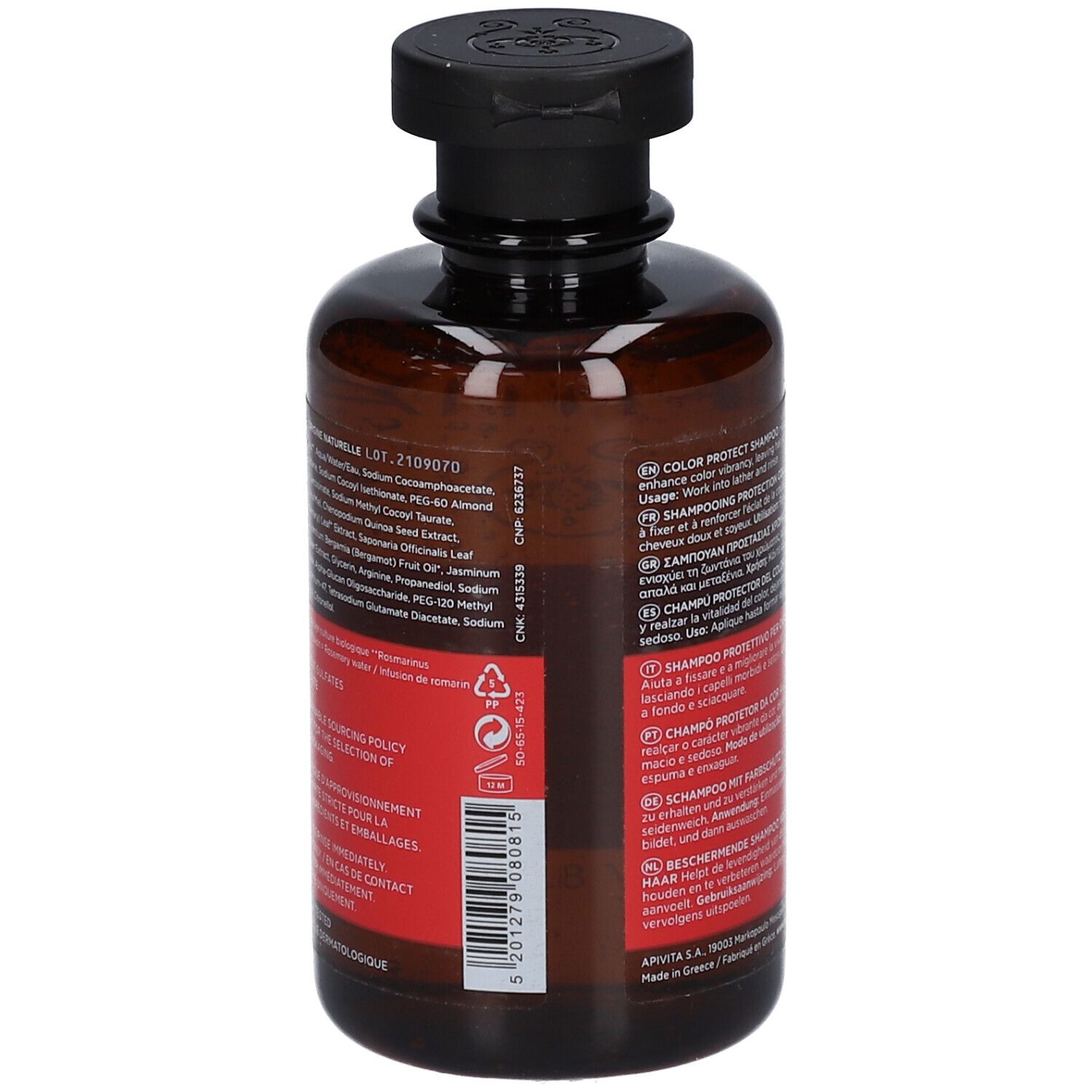 Retro del flacone marrone, tappo nero. Etichetta rossa con testo multilingue. Ingredienti e informazioni.