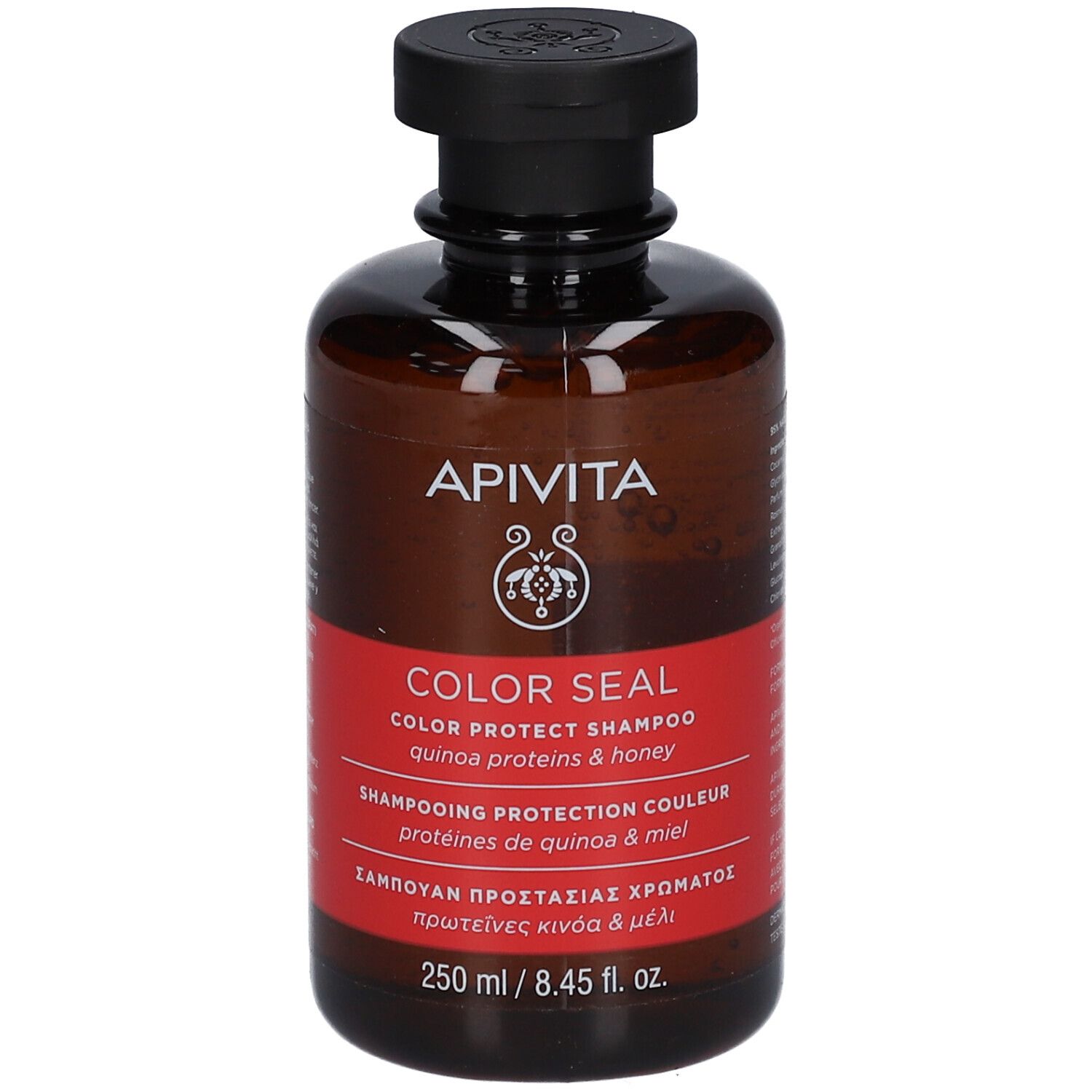 Flacone marrone, tappo nero. Etichetta rossa: COLOR SEAL, Shampoo. 250 ml. Ingredienti e informazioni.