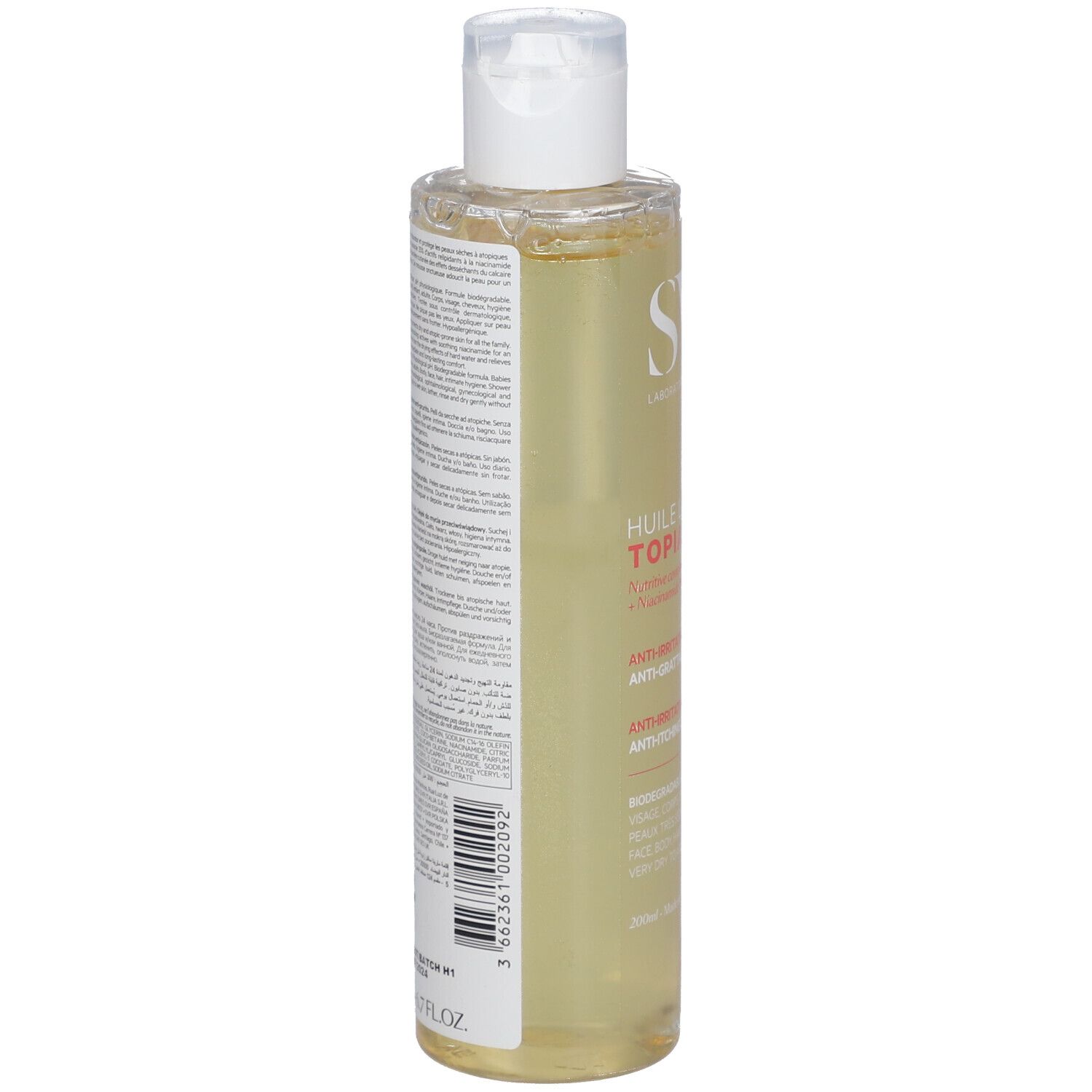 Retro di un flacone giallo con tappo bianco. Testo e codice a barre. Marca: SVR. Nome prodotto: Huile Lavante Topialyse.