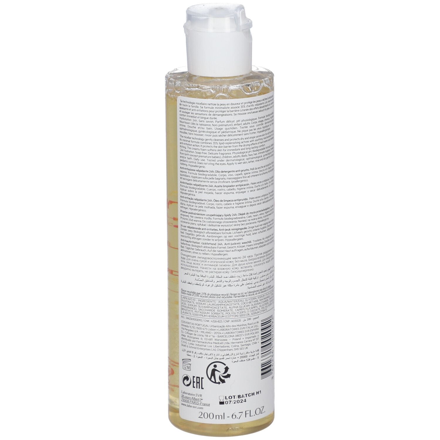 Retro di un flacone giallo con tappo bianco. Testo e codice a barre. Marca: SVR. Nome prodotto: Huile Lavante Topialyse.