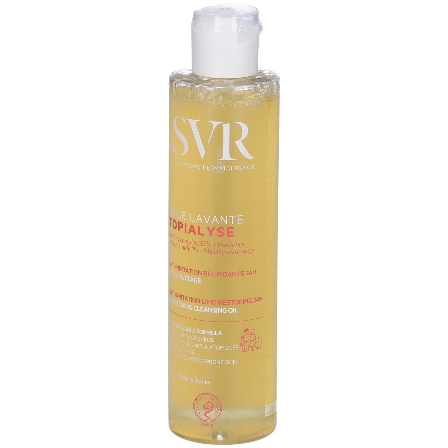 Flacone giallo con tappo bianco. Scritta: SVR, Huile Lavante Topialyse. Anti-irritazione, anti-prurito.