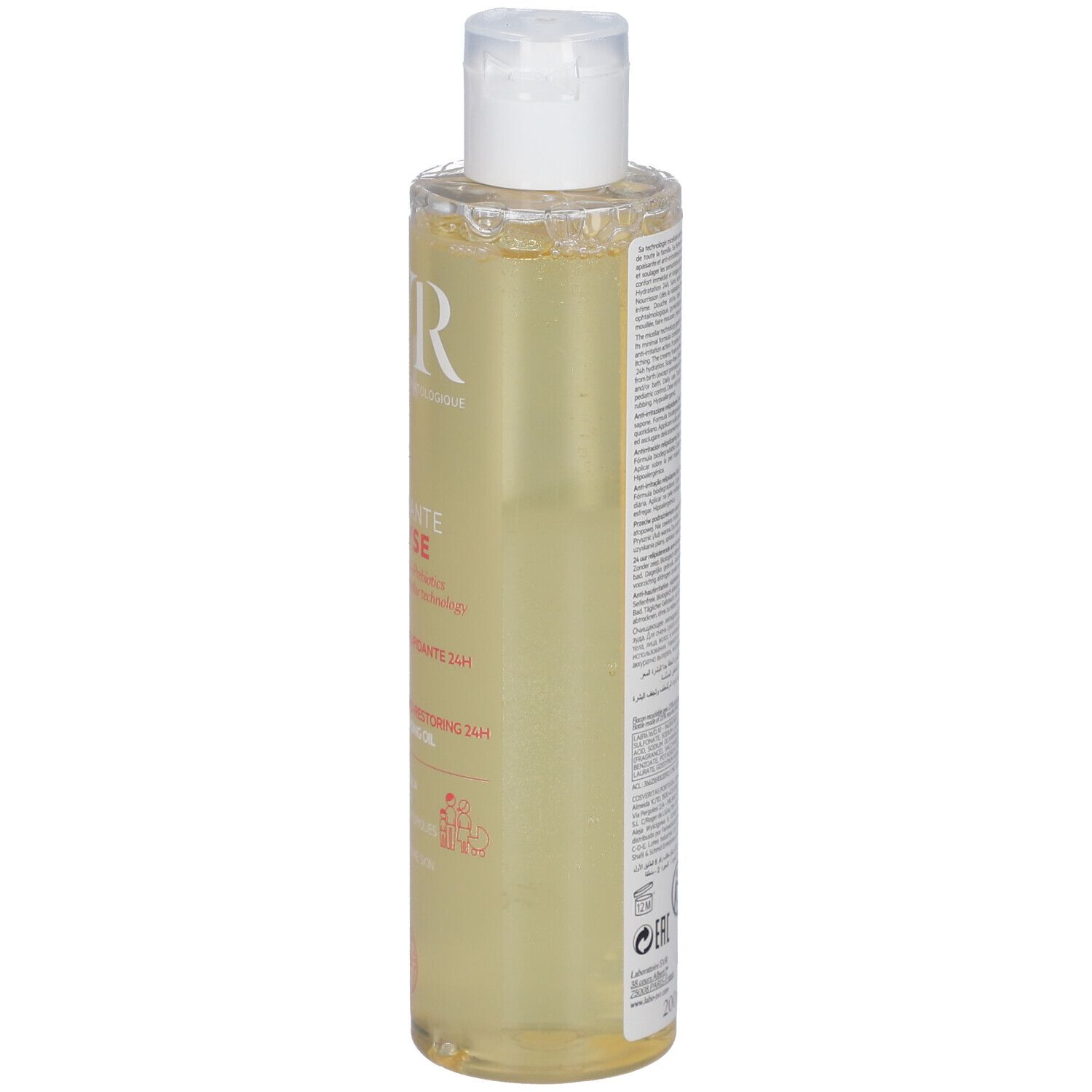 Retro di un flacone giallo con tappo bianco. Testo e codice a barre. Marca: SVR. Nome prodotto: Huile Lavante Topialyse.