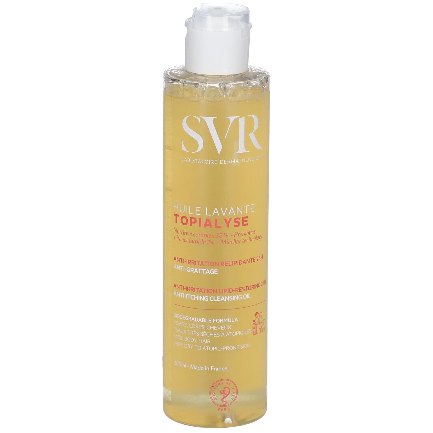 Flacone giallo con tappo bianco. Scritta: SVR, Huile Lavante Topialyse. Anti-irritazione, anti-prurito.