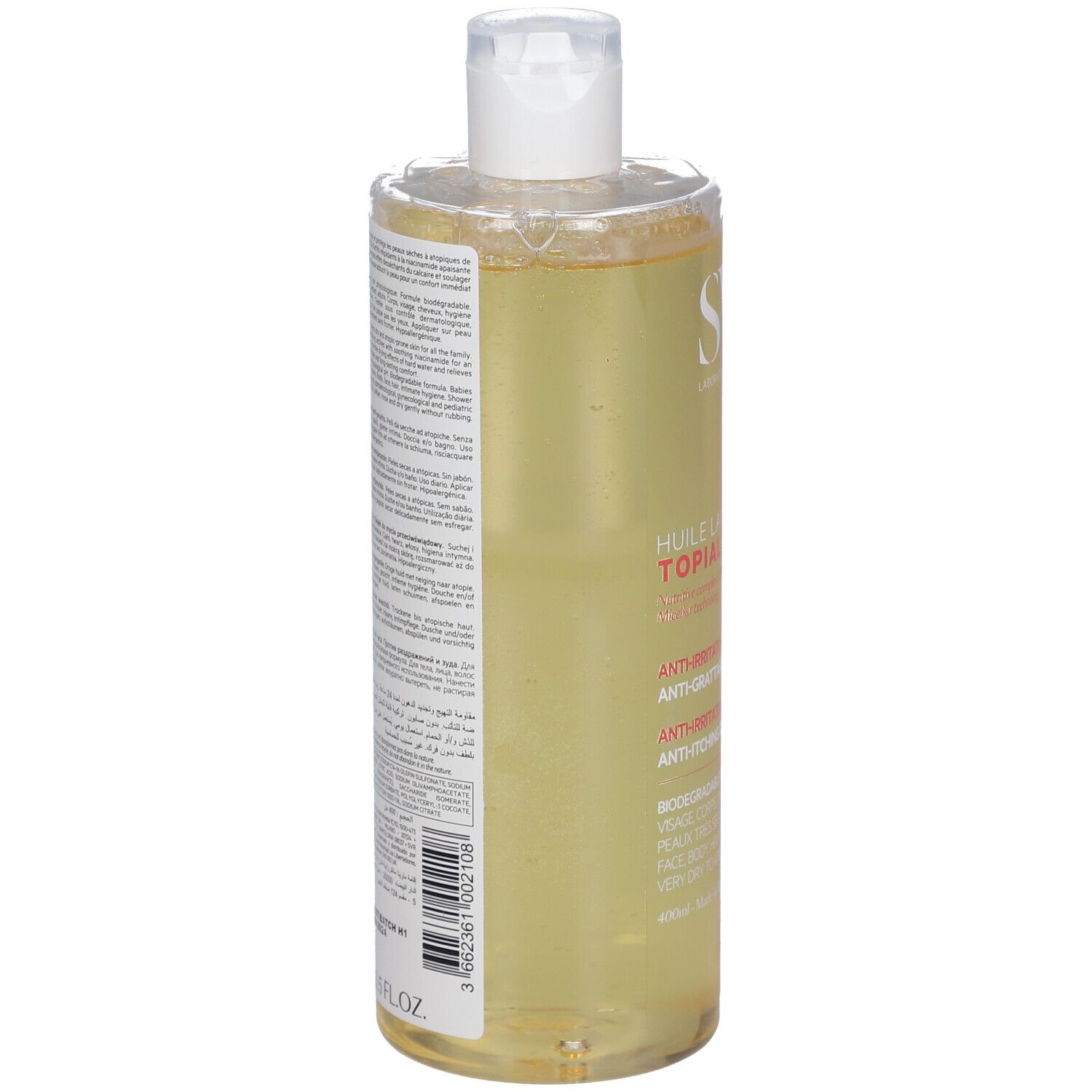 Retro del flacone di olio detergente micellare SVR Topialyse con ingredienti e codice a barre.