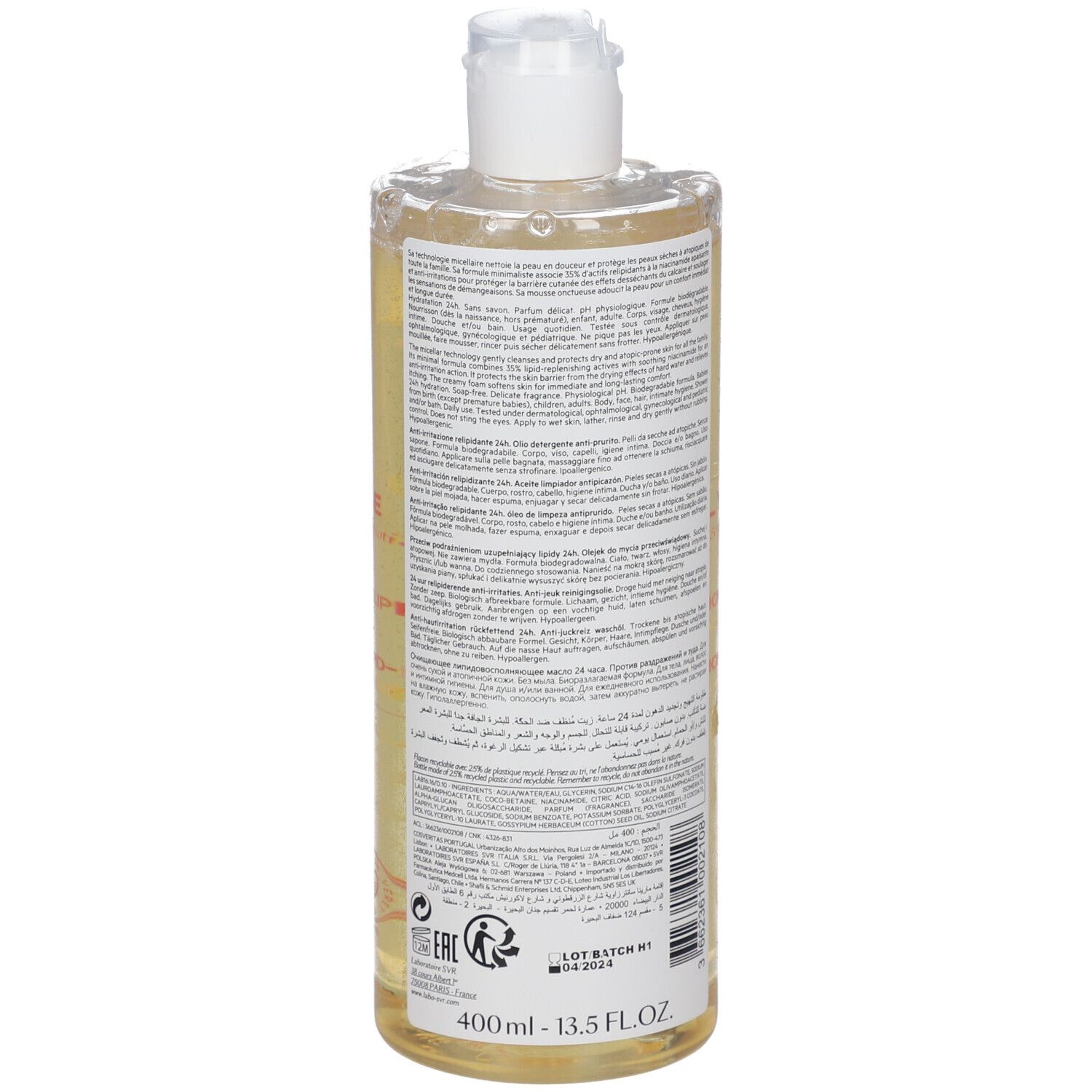 Retro del flacone di olio detergente micellare SVR Topialyse con informazioni sul prodotto e sigilli.
