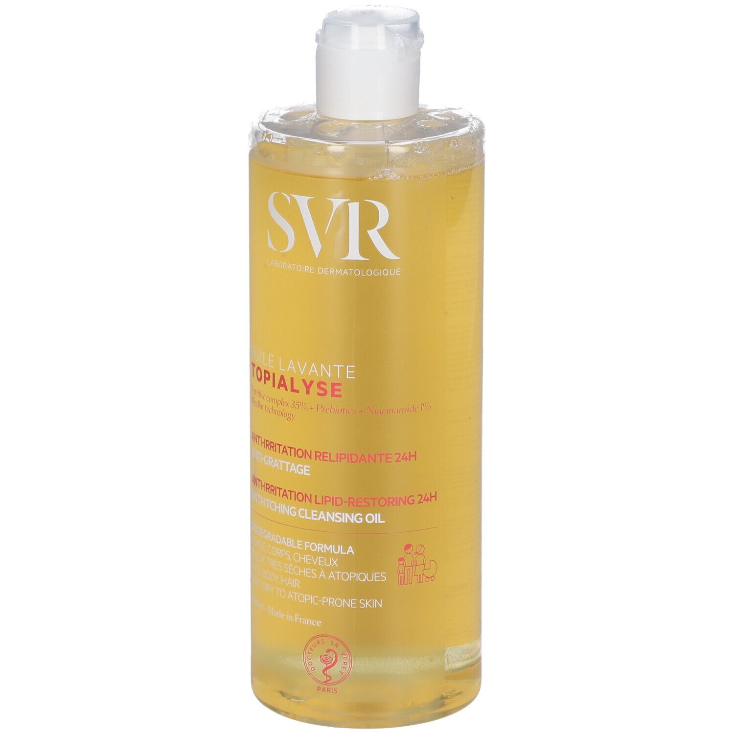 Olio detergente micellare SVR Topialyse in flacone trasparente con tappo a scatto bianco.
