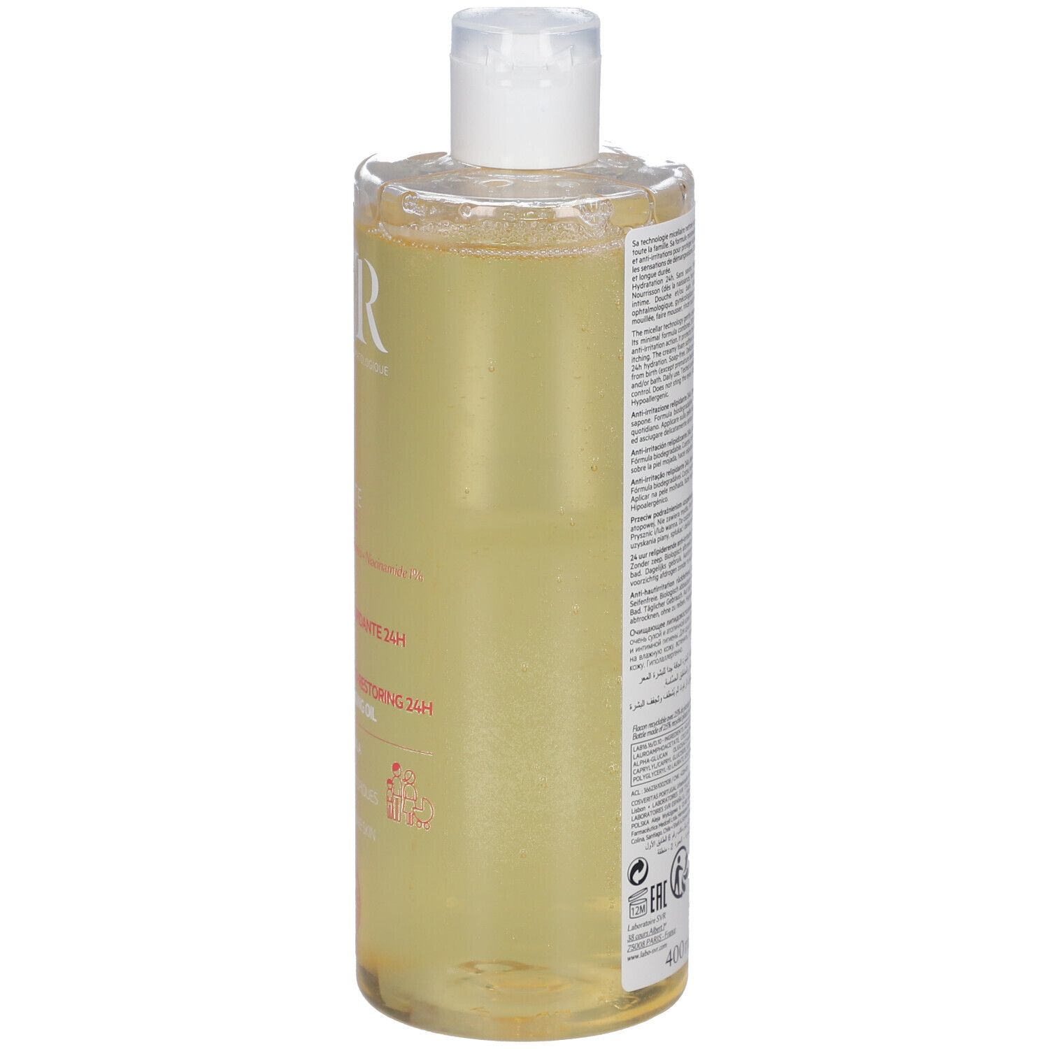 Retro del flacone di olio detergente micellare SVR Topialyse con informazioni sul prodotto e sigilli.
