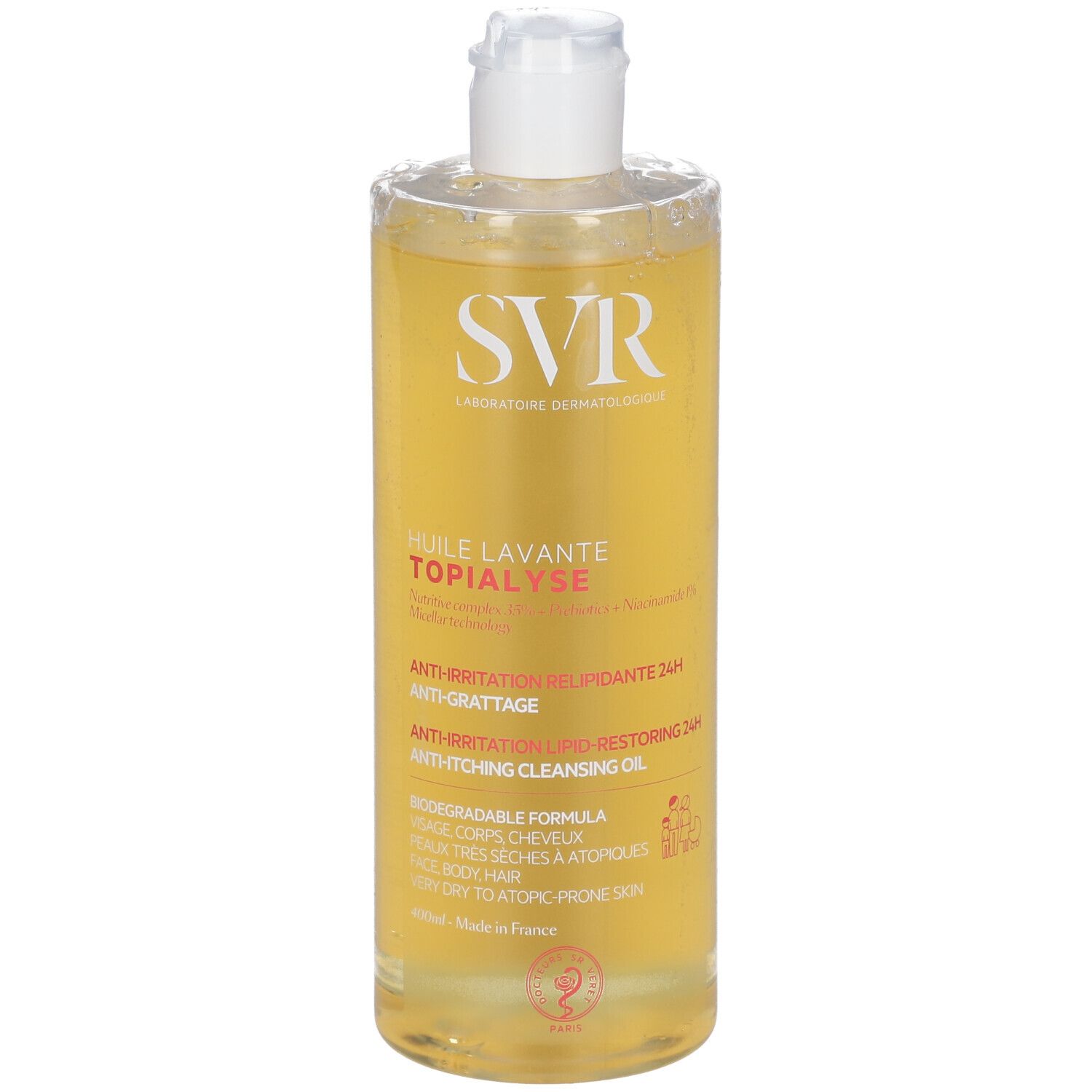 Olio detergente micellare SVR Topialyse in flacone trasparente con tappo a scatto bianco.